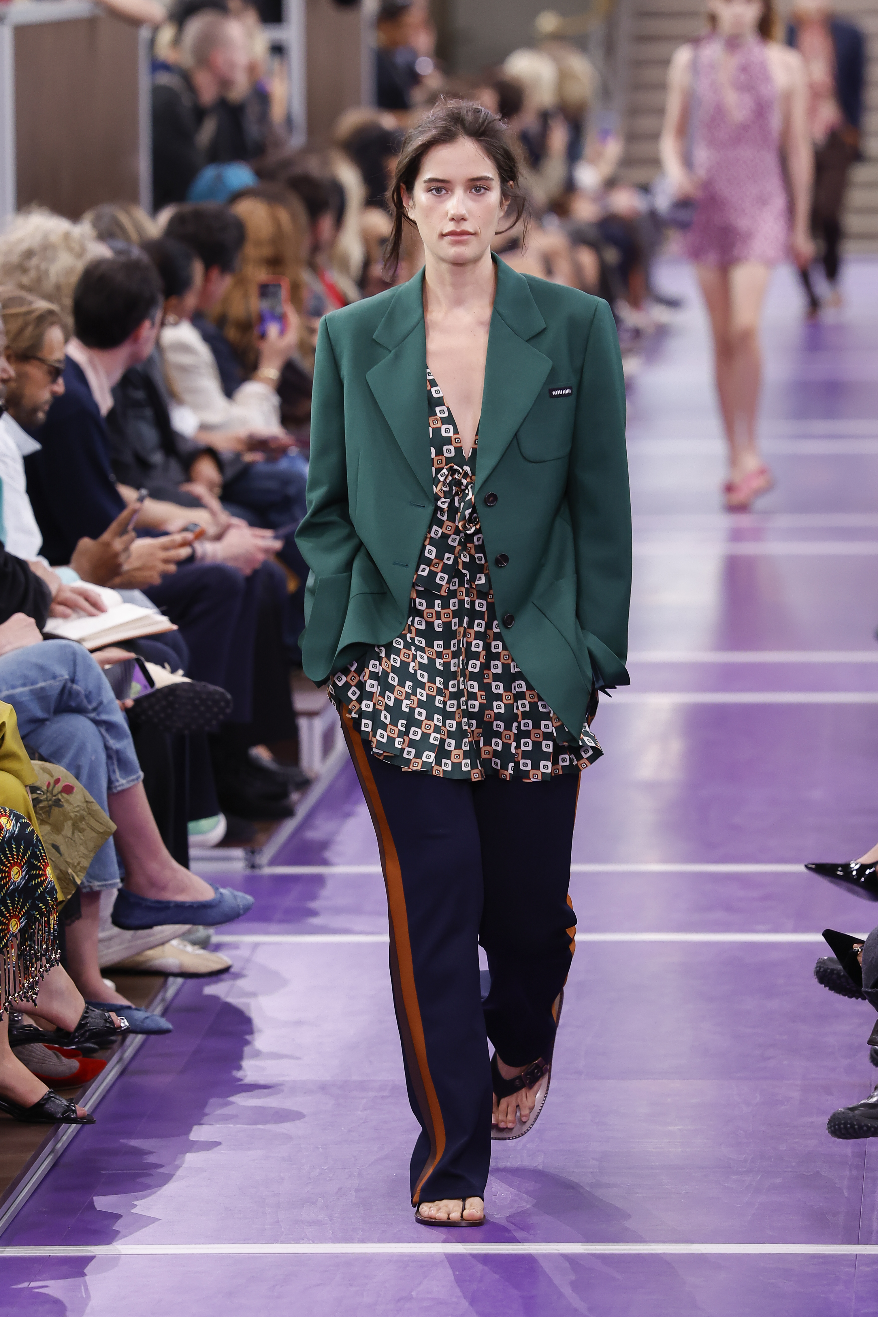 PARIS, FRANCE - OCTOBER 4: (EDITORIAL USE ONLY - For Non-Editorial use please seek approval from Fashion House) Ella Bleu Travolta walks the runway during the Miu Miu Womenswear Spring/Summer 2027 show as part of Paris Fashion Week on October 4, 2026 in Paris, France. (Photo by Estrop/Getty Images)