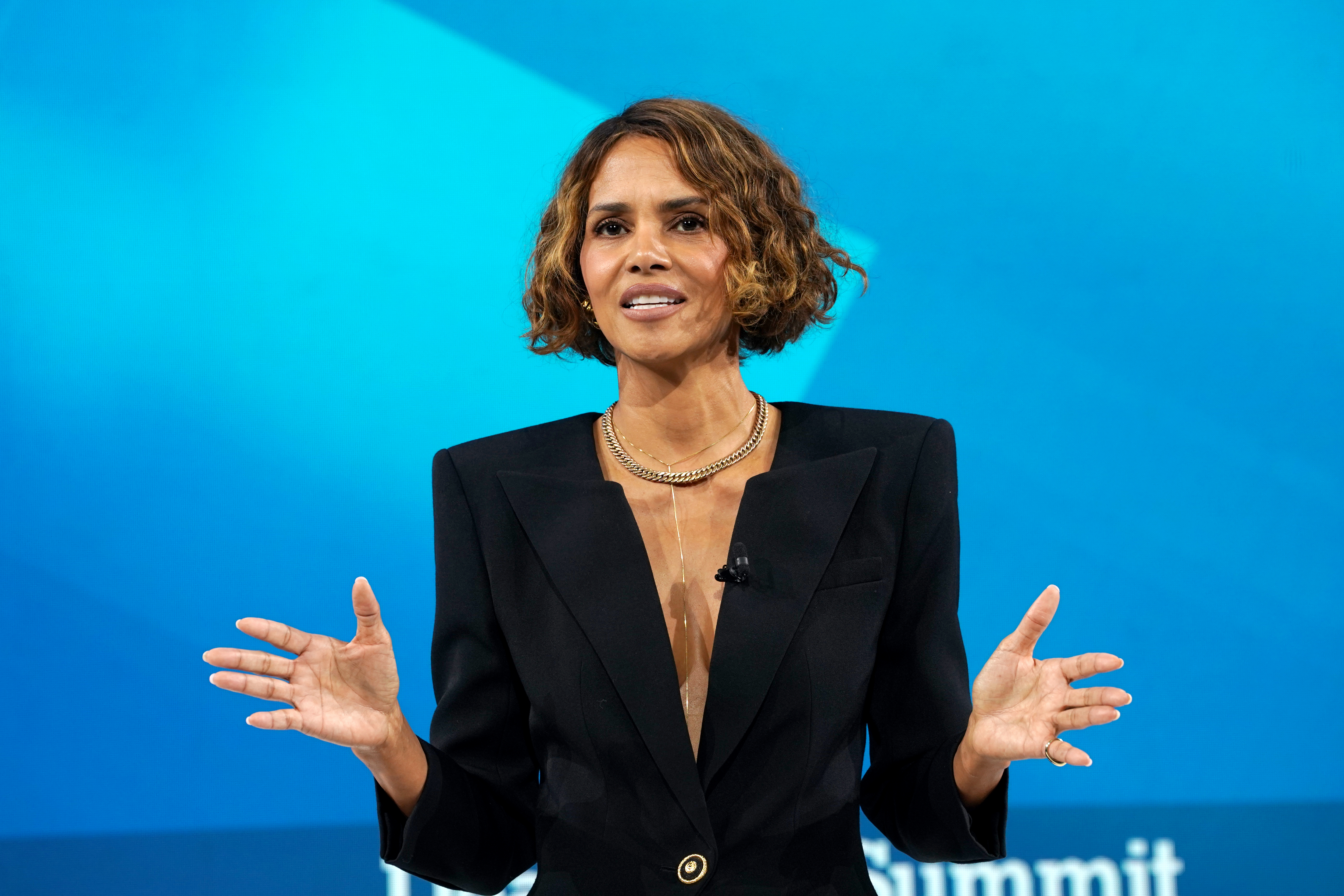 NEW YORK, NEW YORK - DECEMBER 03: Halle Berry speaks onstage during The New York Times DealBook Summit 2025 at Jazz at Lincoln Center on December 03, 2025 in New York City.  (Photo by David Dee Delgado/Getty Images for The New York Times)