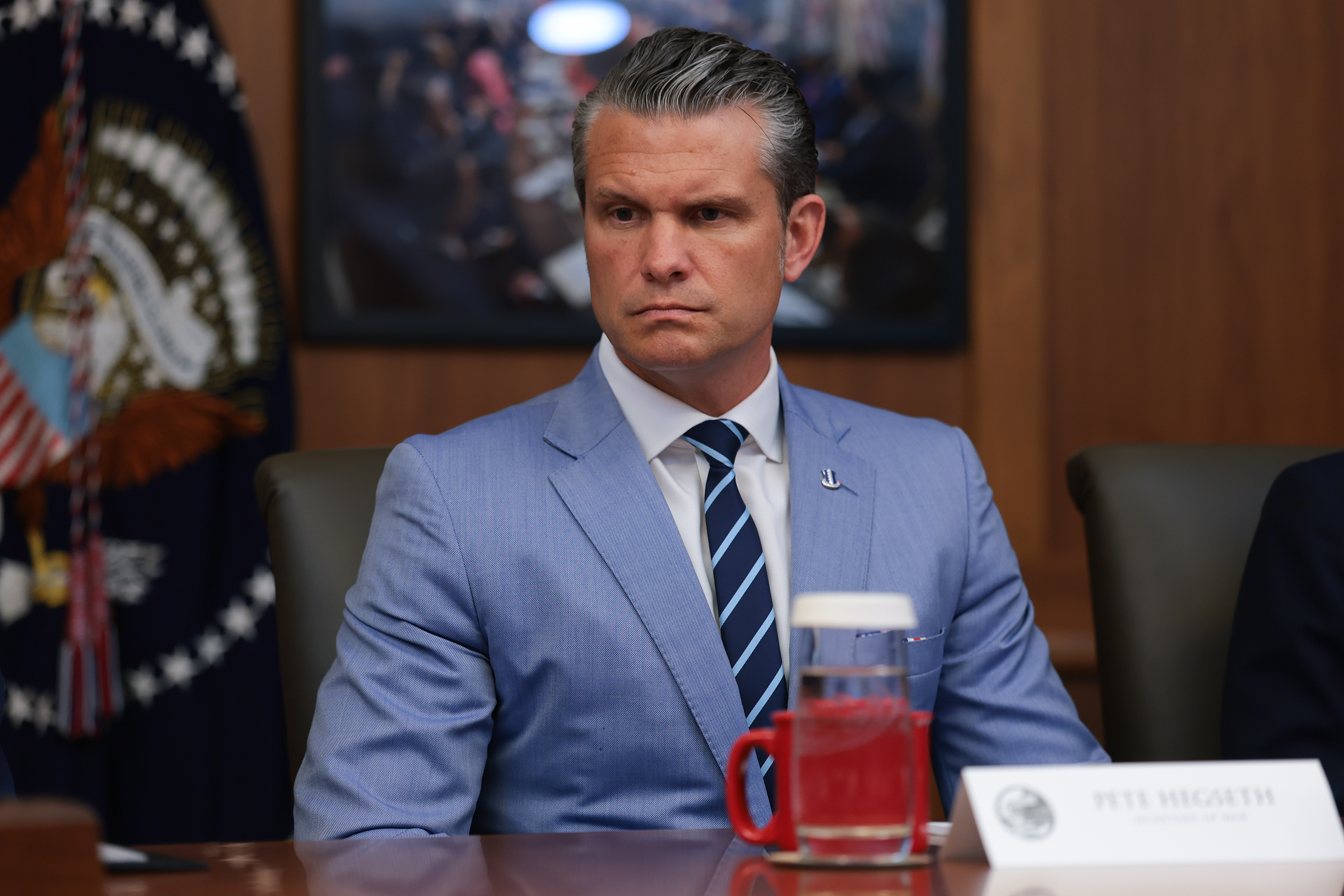 CAMP DAVID, MARYLAND - JULY 31:  Secretary of Defense Pete Hegseth attends a Cabinet Meeting at Camp Davaid, the presidential retreat, on July 31, 2026 in Camp David, Maryland. U.S. President Donald Trump convened members of his Cabinet at the presidential retreat as the war with Iran continues.  (Photo by Anna Moneymaker/Getty Images)
