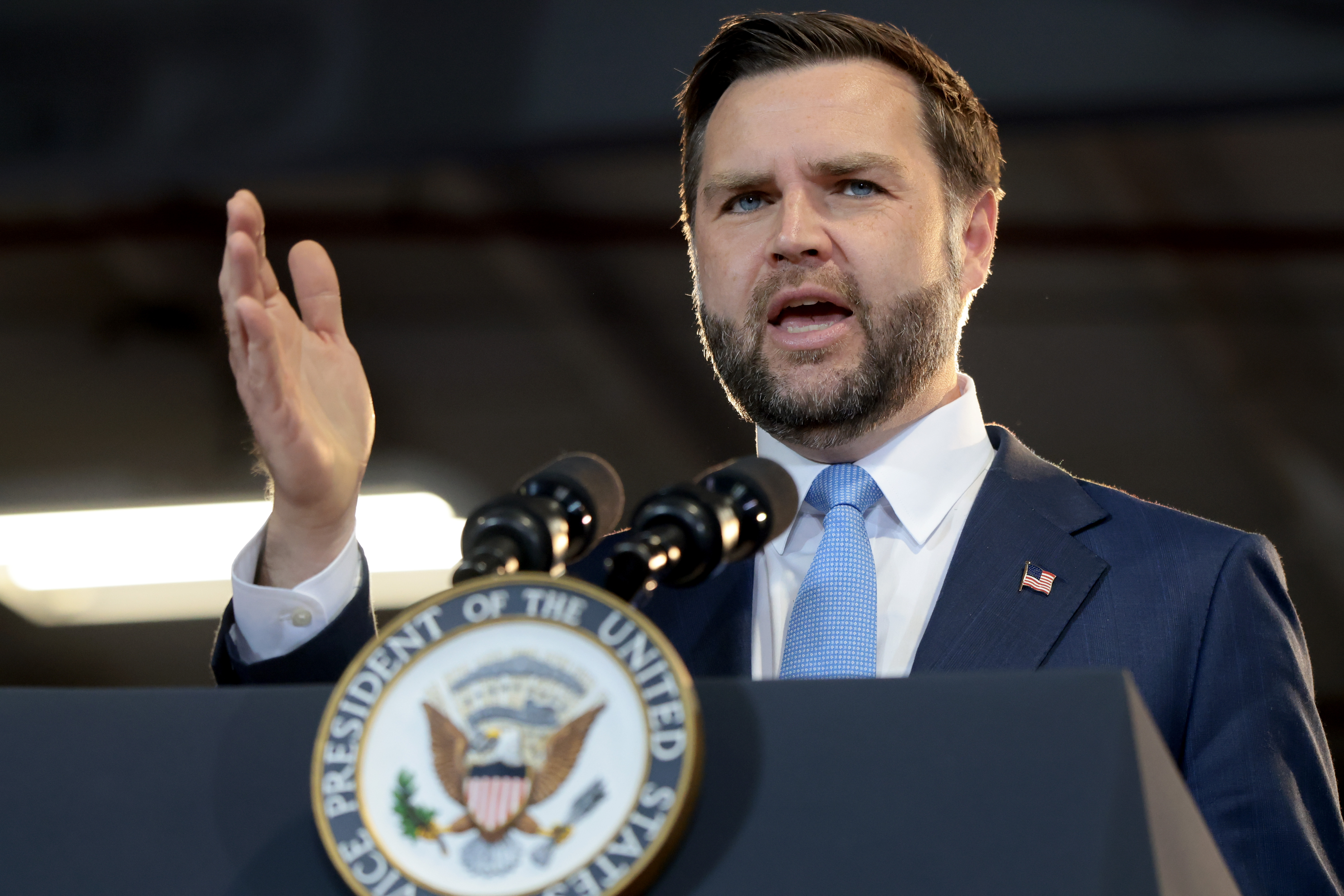 BREWER, MAINE - AUGUST 24: U.S. Vice President JD Vance speaks at CompoTech headquarters on August 24, 2026 in Brewer, Maine. CompoTech is a defense technology company based in Maine. (Photo by Anna Moneymaker/Getty Images)