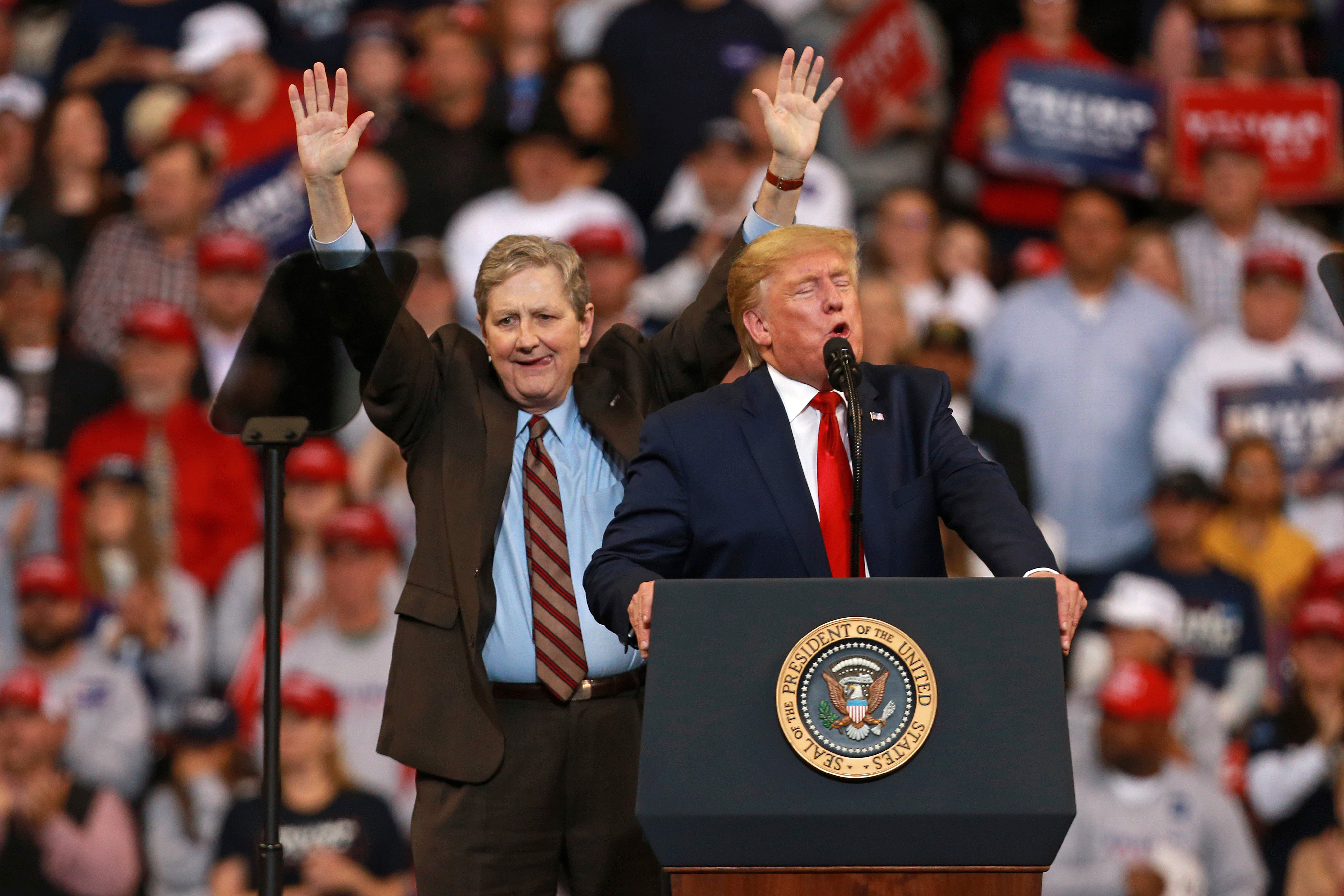 President Donald Trump introduces Sen. John Kennedy (R-LA) during a rally at CenturyLink Center on November 14, 2019 in Bossier City, Louisiana (Photo by Matt Sullivan/Getty Images)