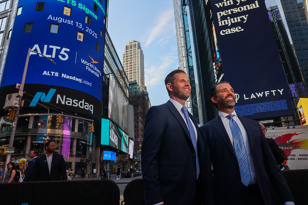 Eric Trump , the newly appointed ALT5 Board Director of World Liberty Financial is joined by his brother and ALT5 Board Observer Donald Trump Jr. outside of NASDAQ in Times Square as they mark the...