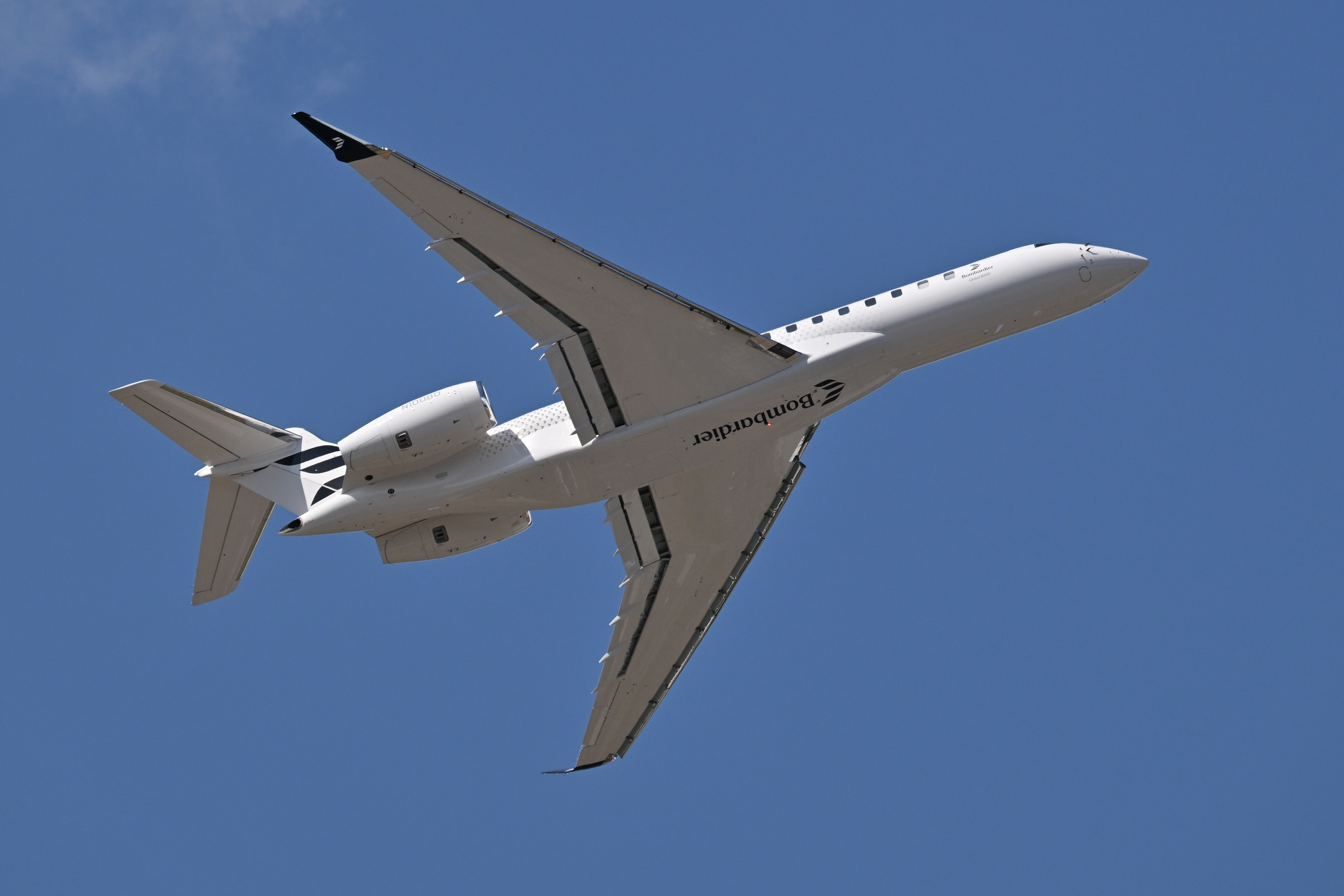 FARNBOROUGH, ENGLAND - JULY 20: The Bombardier Global 8000, the world's fastest civilian aircraft since Concorde with a top speed of Mach 0.95 performs during the Farnborough International Air Show 2026 at Farnborough International Exhibition Centre on July 20, 2026 in Farnborough, England. Farnborough International Airshow 2026 hosts leading innovators from the aerospace, aviation and defence industries. (Photo by John Keeble/Getty Images)