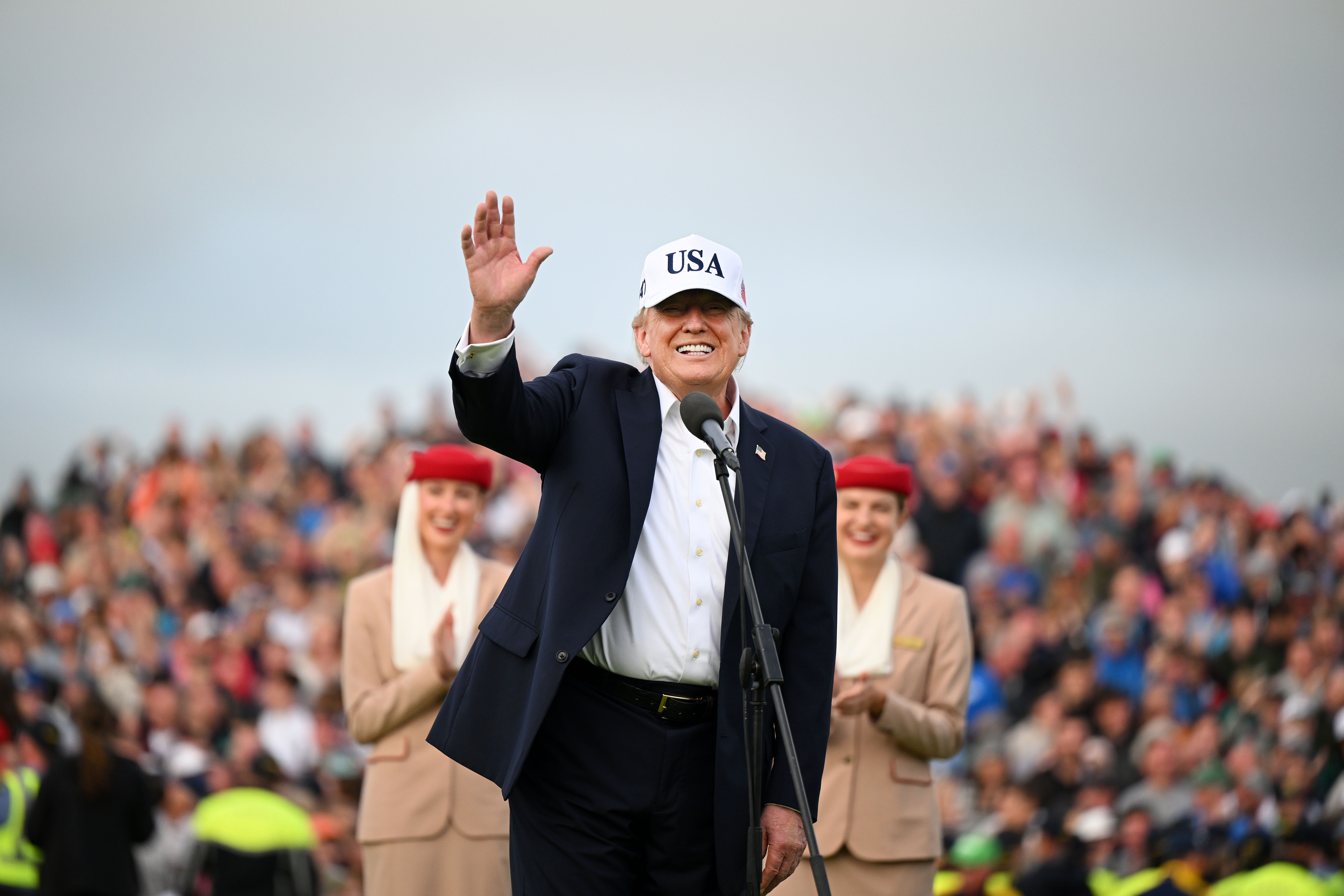 DOONBEG, IRELAND - SEPTEMBER 13: U.S. President Donald Trump is pictured on the 18th green during the prize presentation on the final day's play at the Amgen Irish Open on September 13, 2026 in Doonbeg, Ireland. U.S. President Donald Trump is making a two-day visit to Ireland this weekend. Today his trip focuses on attending the Amgen Irish Open golf tournament, which is being hosted at his Doonbeg golf resort. (Photo by Charles McQuillan/Getty Images)
