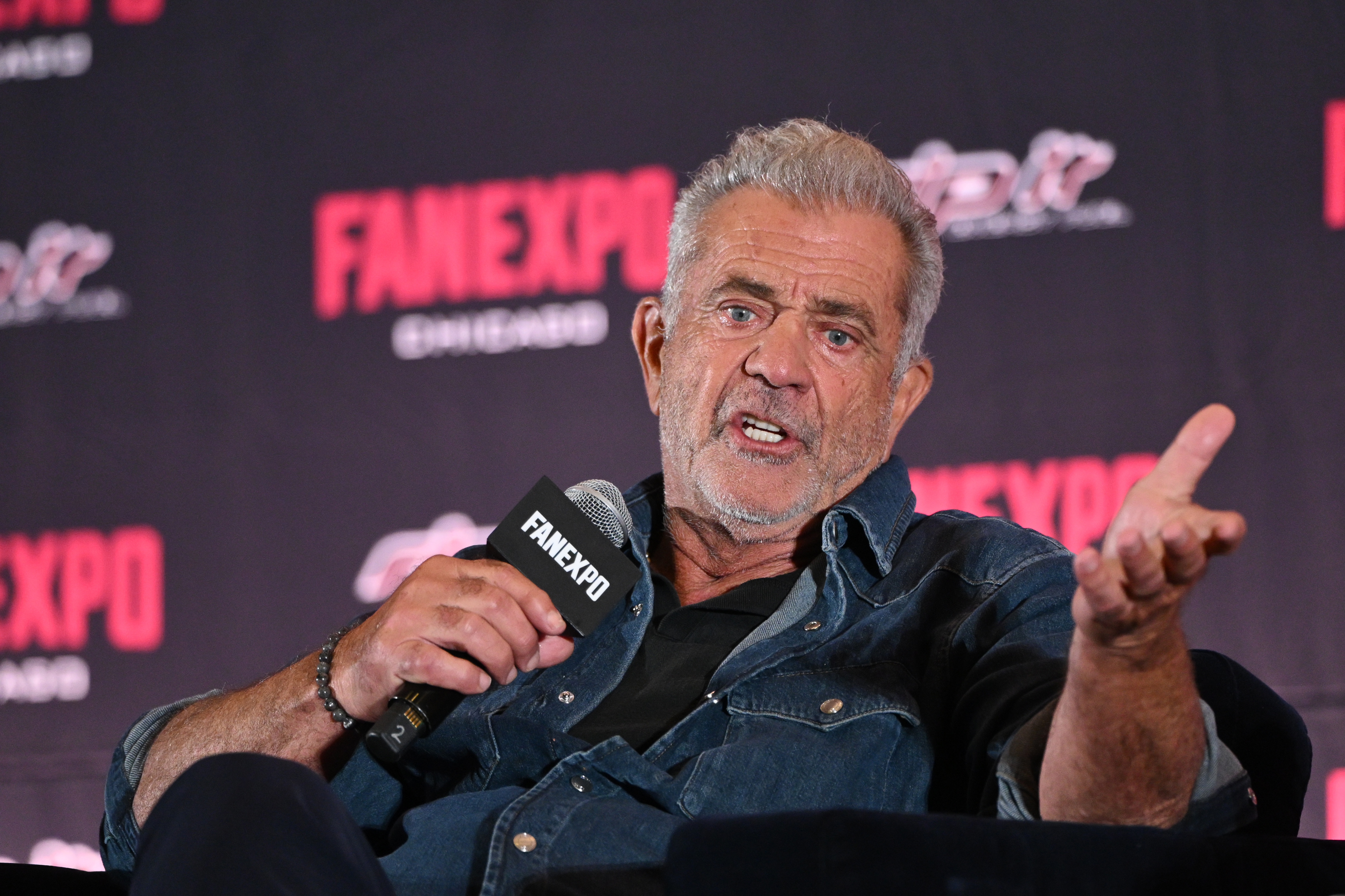 ROSEMONT, ILLINOIS - AUGUST 15: Mel Gibson speaks on stage during FanExpo Chicago 2026 on August 15, 2026 in Rosemont, Illinois. (Photo by Daniel Boczarski/Getty Images)
