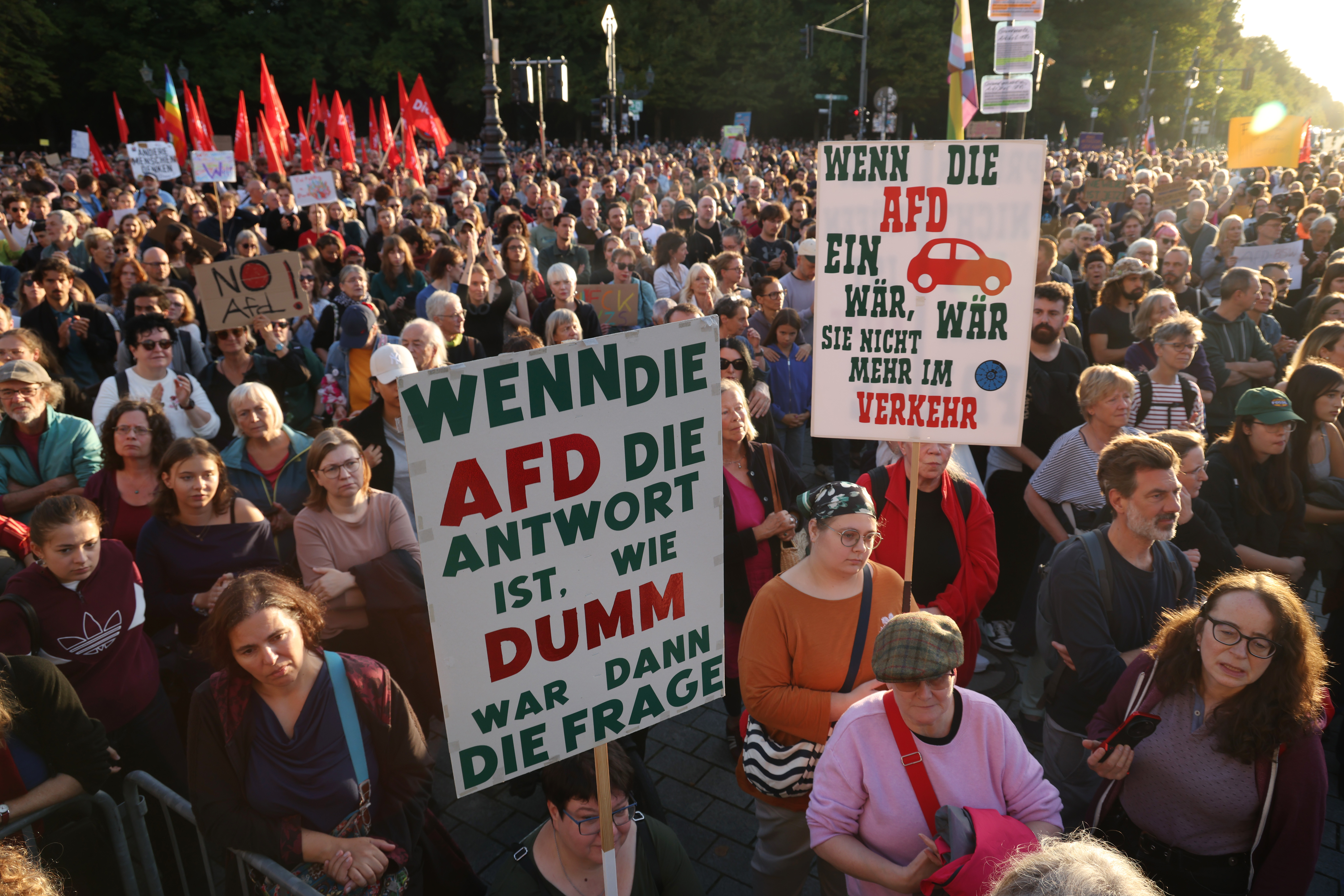 BERLIN, GERMANY - SEPTEMBER 07: People gather in front of the Brandenburg Gate to protest against the far-right Alternative for Germany (AfD) the day after the AfD won in Saxony-Anhalt state elections on September 07, 2026 in Berlin, Germany. The AfD won 43.8% of the vote, far ahead of any other party, though just short of an absolute majority. (Photo by Sean Gallup/Getty Images)