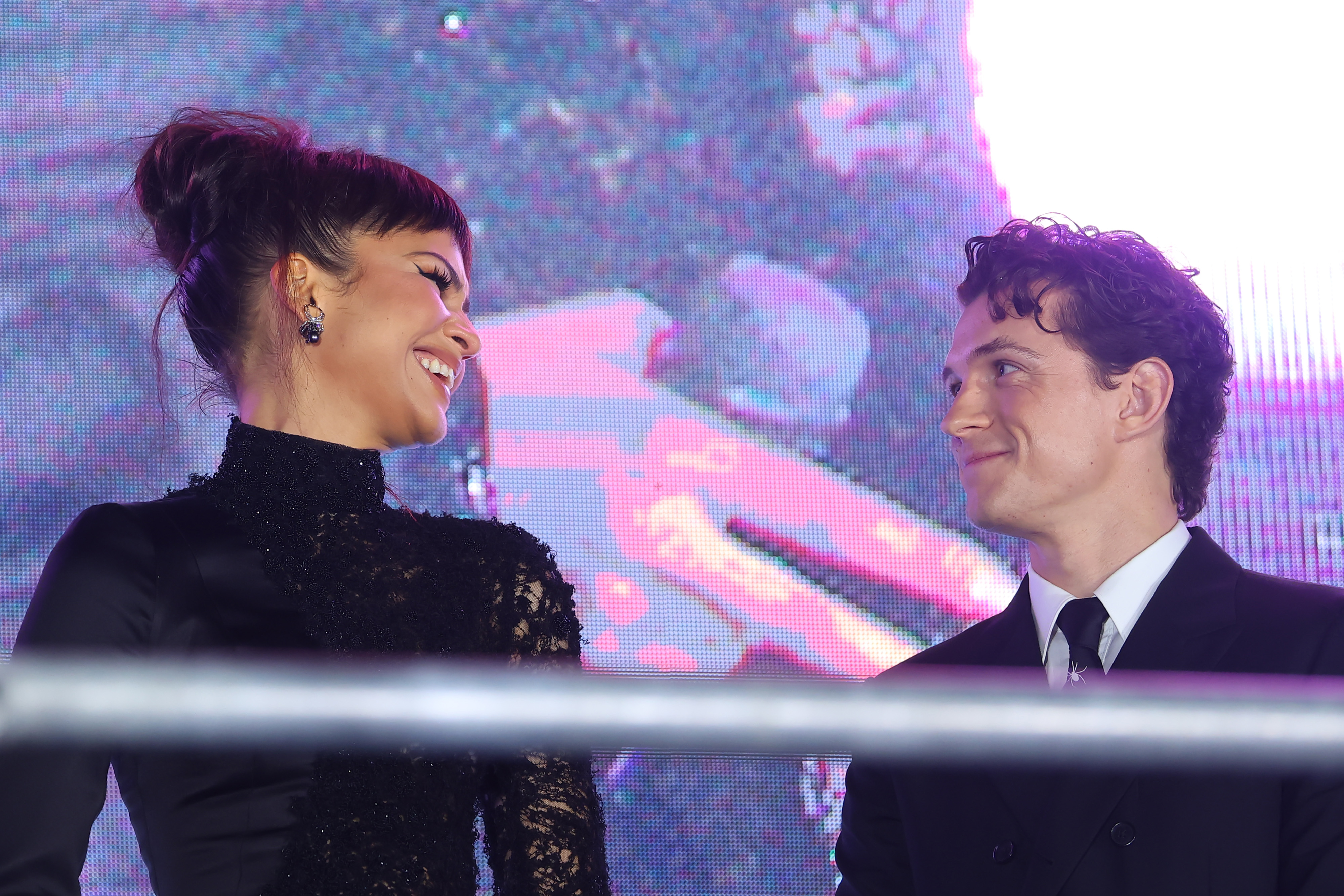 MEXICO CITY, MEXICO - JULY 20: Zendaya and Tom Holland look at each other during the