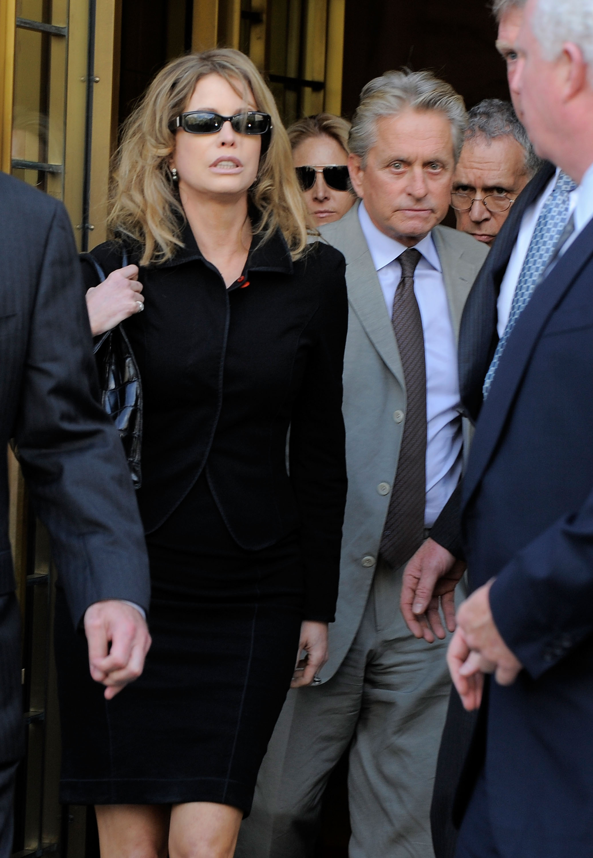NEW YORK - APRIL 20: Actor Michael Douglas (R) and his ex-wife, producer Diandra Douglas, depart the US District Court building following the sentencing of their son Cameron Douglas to five years in prison for possession of heroin, and distribution of methamphetamine and cocaine, at the United States District Court on April 20, 2010 in New York City. Cameron Douglas admitted in a New York Court to possessing heroin and dealing large amounts of methamphetamine and cocaine in January of 2010. (Photo by Jemal Countess/Getty Images)