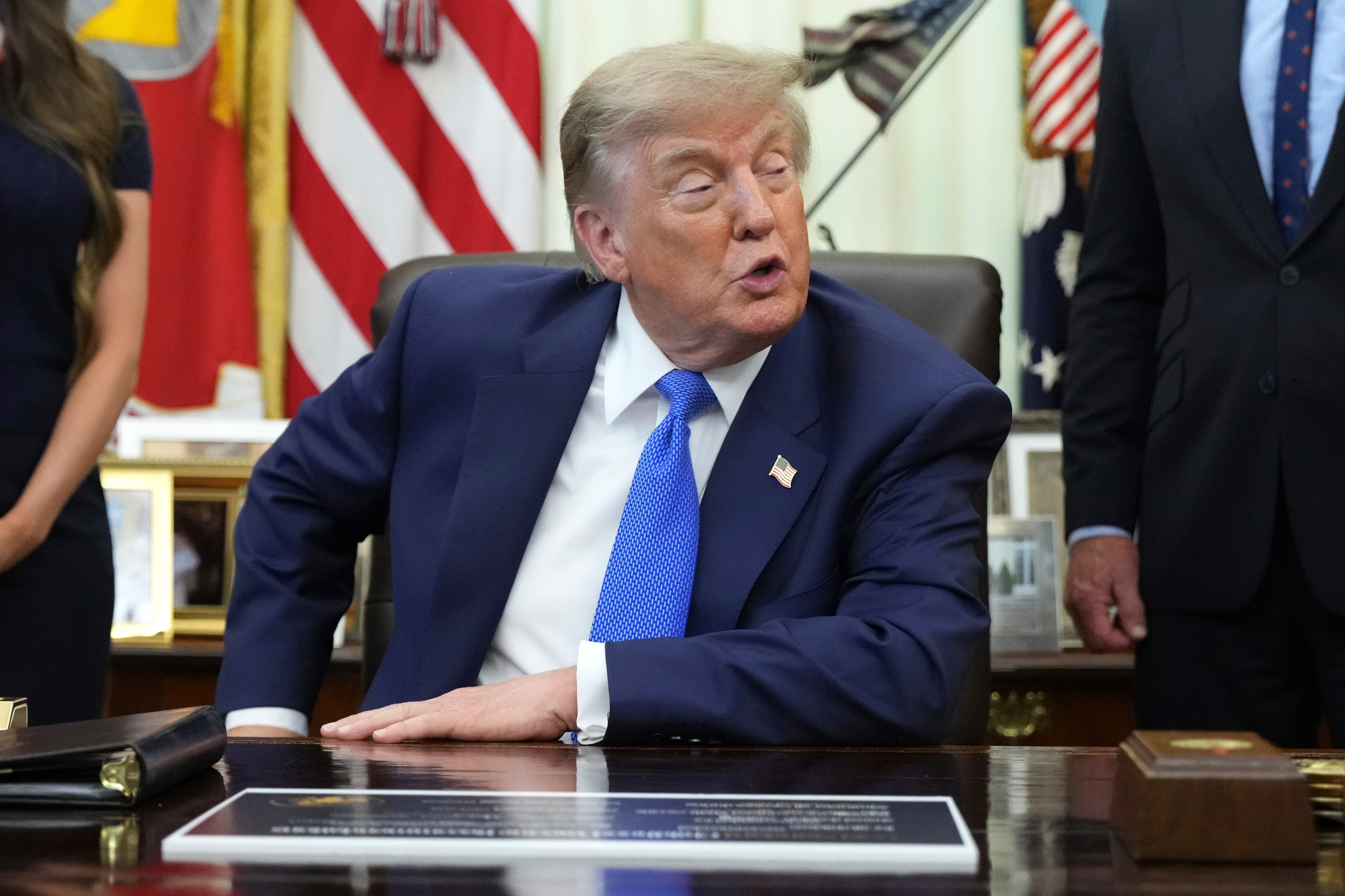 President Donald Trump speaks during a meeting to sign an executive order about vaccines, Monday, Aug. 10, 2026, in the Oval Office of the White House in Washington. (AP Photo/Jacquelyn Martin)