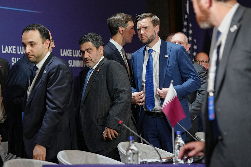 STANSSTAD, SWITZERLAND - JUNE 21:  U.S. President Donald Trump's son-in-law Jared Kushner and U.S. Vice President JD Vance attend a quadrilateral meeting between the U.S., Iran, Pakistan, and Qatar at the Lake Lucerne Summit, aimed at advancing a deal to end the Middle East conflict at the Buergenstock Resort, Lake Lucerne on June 21, 2026 near Stansstad, Switzerland. US Vice President JD Vance is visiting Switzerland for negotiations with Iran to end the war and open the Strait of Hormuz that have been delayed by Israeli strikes in Lebanon. (Photo by Nathan Howard-Pool/Getty Images)