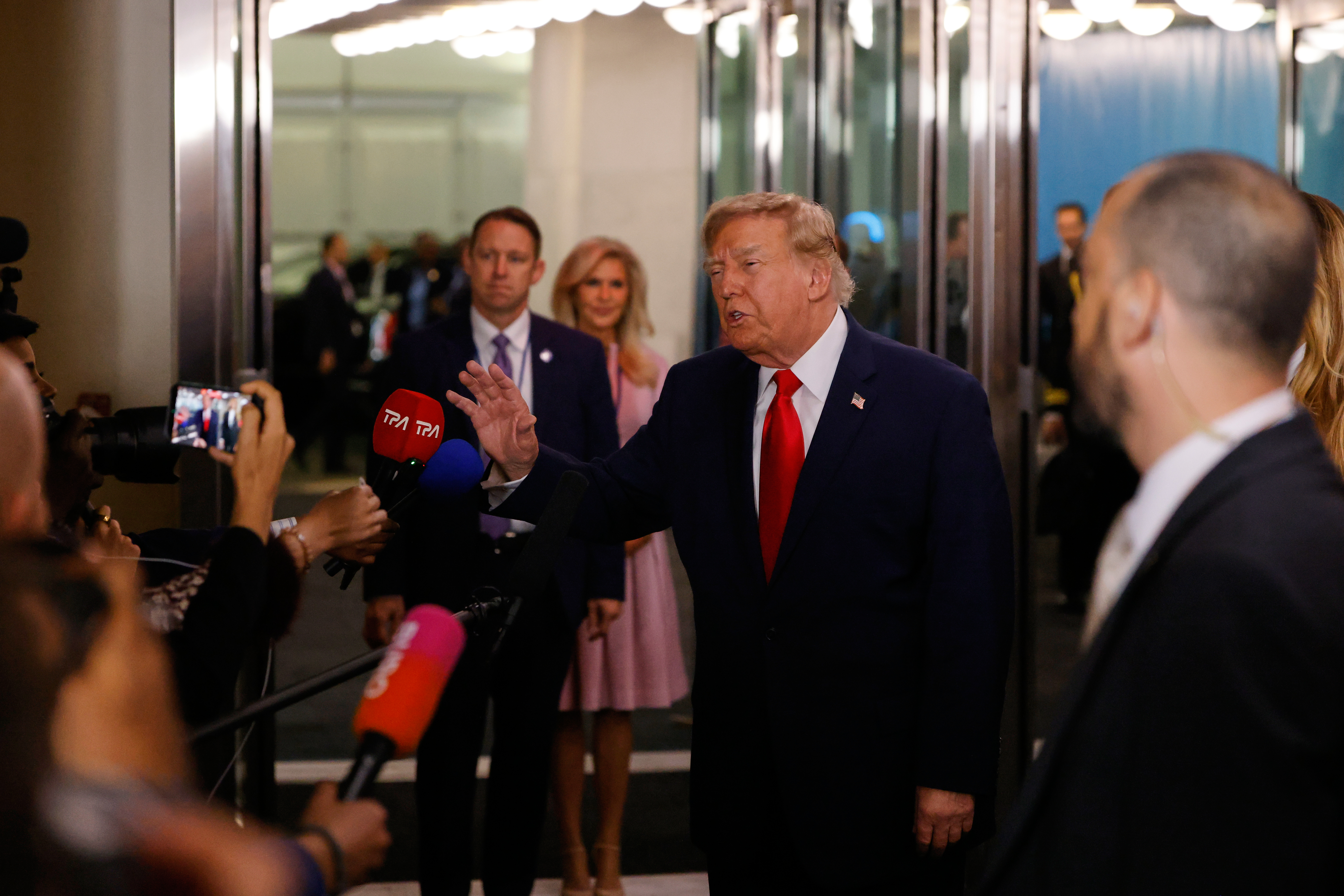 United States President Donald Trump speaks to the media as he arrives for the 81st session of the United Nations General Assembly at United Nations headquarters, Tuesday, Sept. 22, 2026. (AP Photo/Stefan Jeremiah)
