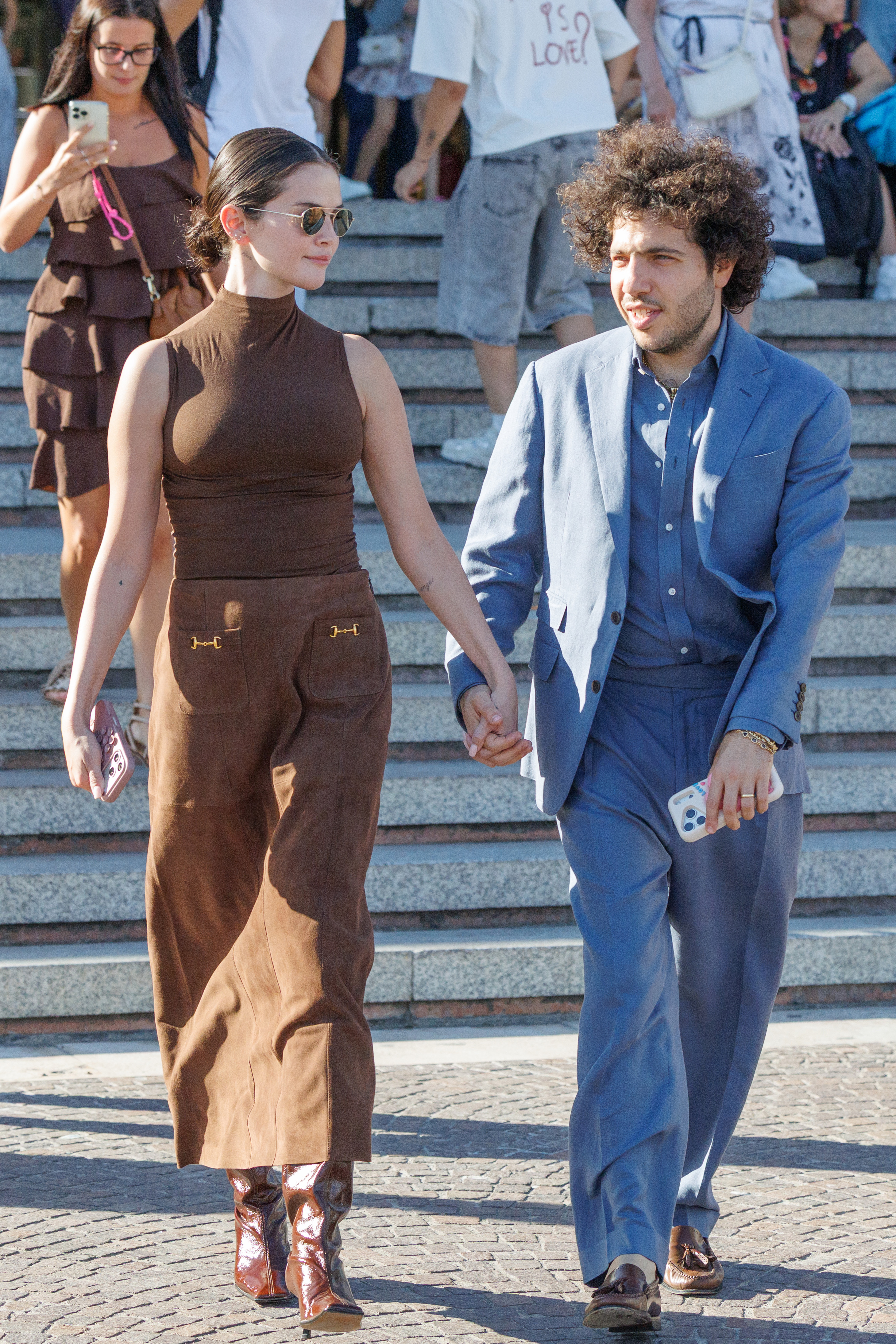VENICE, ITALY – AUGUST 30: Selena Gomez and Benny Blanco step off the Orient Express upon their arrival at Santa Lucia railway station on August 30, 2026 in Venice, Italy. (Photo by Stefano Mazzola/Getty Images)