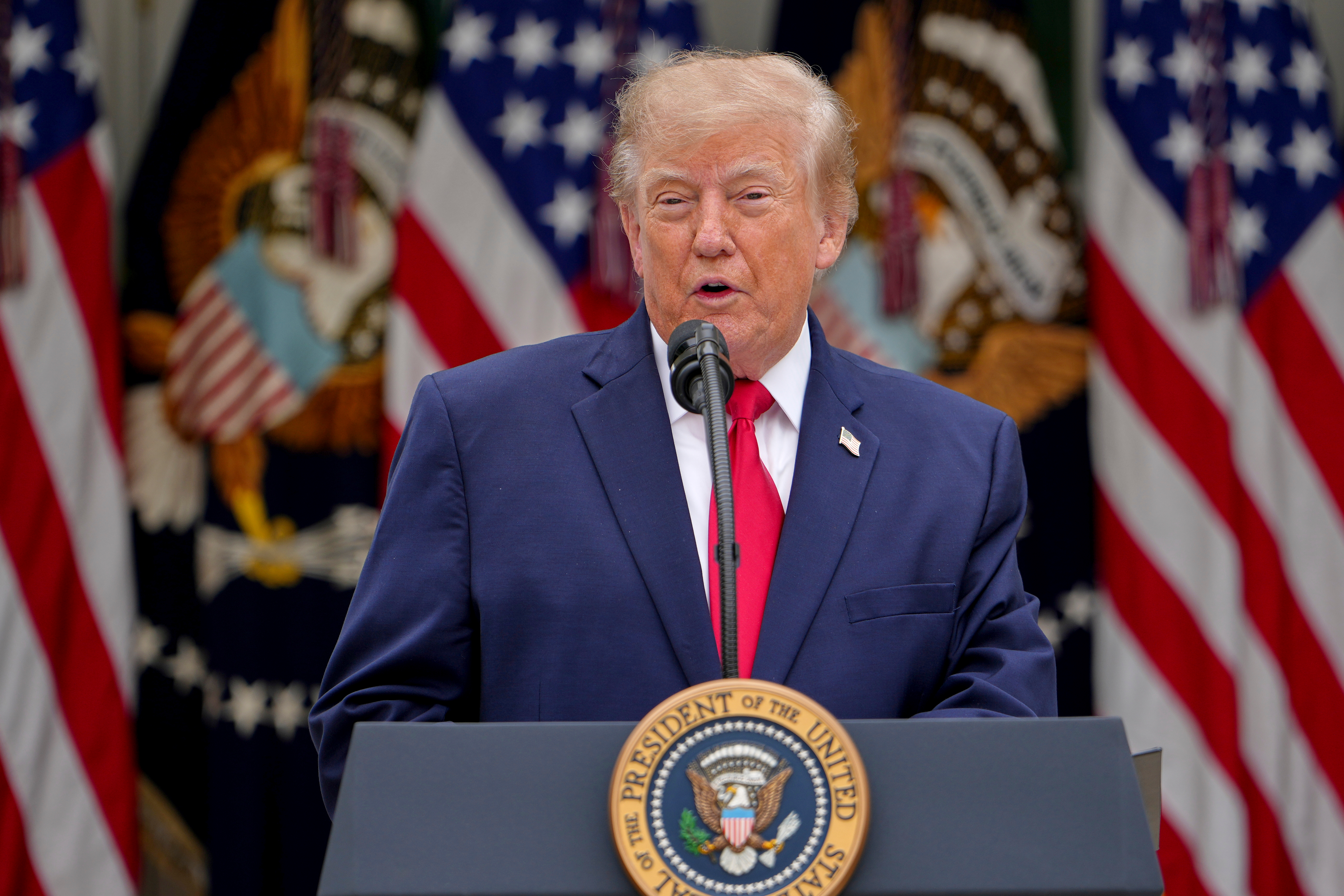President Donald Trump speaks in the Rose Garden of the White House during an event for first responders, Thursday, Oct. 15, 2026, in Washington. (AP Photo/Julia Demaree Nikhinson)