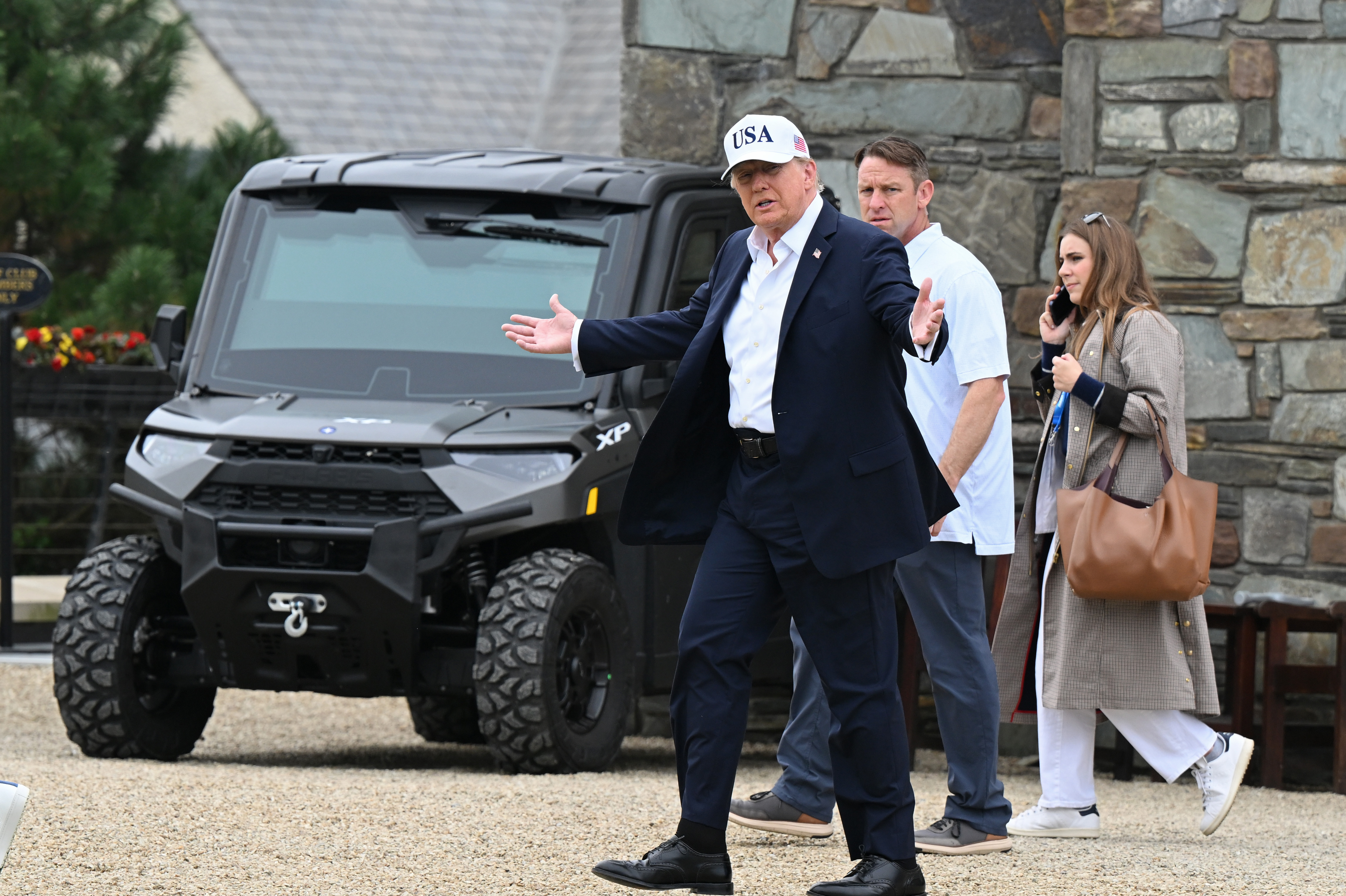 DOONBEG, IRELAND - SEPTEMBER 13: U.S. President Donald Trump speaks to media as he returns to his resort on the final day of the Irish Open on September 13, 2026 in Doonbeg, Ireland. U.S. President Donald Trump is making a two-day visit to Ireland this weekend. Today his trip focuses on attending the Amgen Irish Open golf tournament, which is being hosted at his Doonbeg golf resort. (Photo by Charles McQuillan/Getty Images)