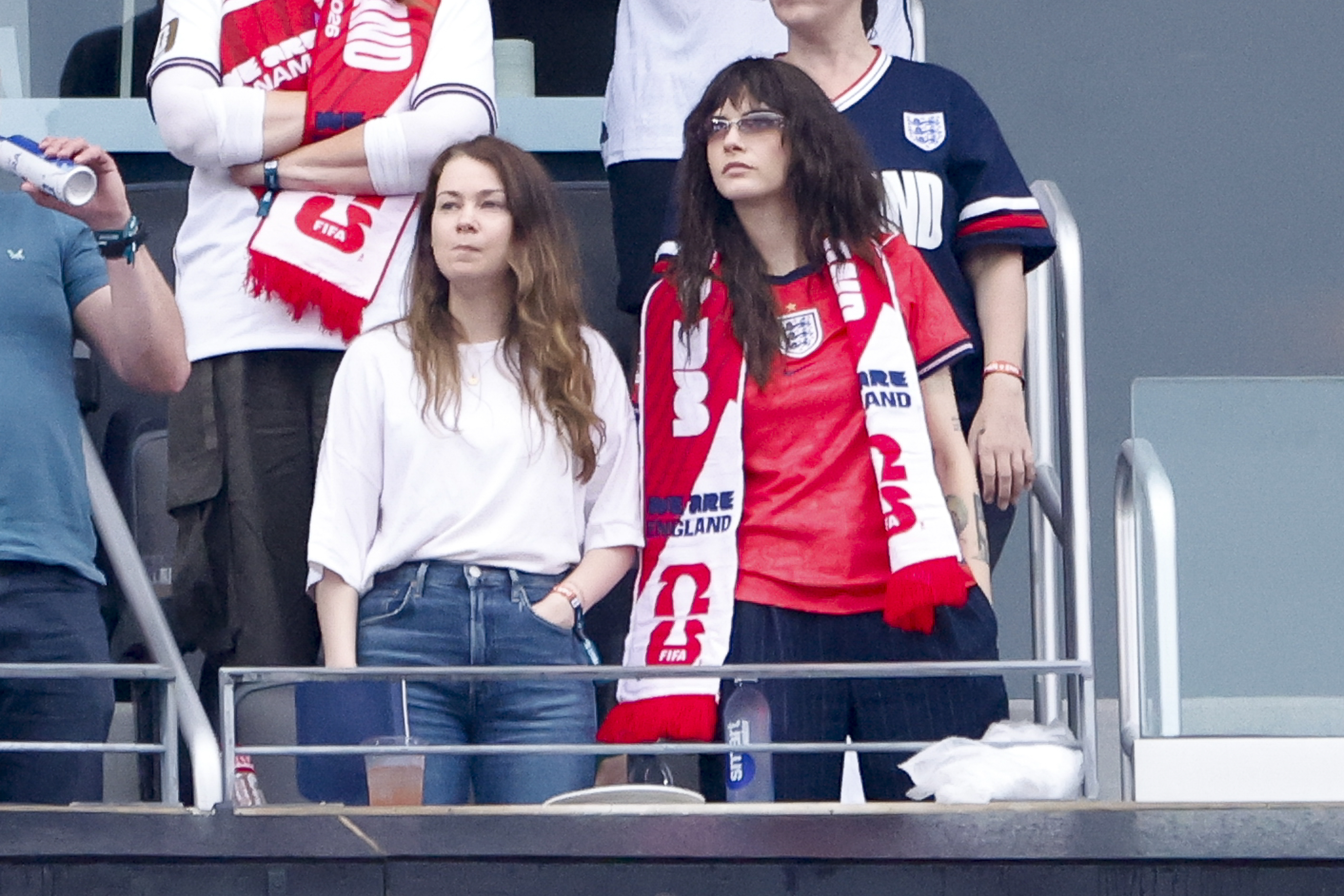 EAST RUTHERFORD, NEW JERSEY - JUNE 27: Minke aka Leah Mason and Cara Delevingne attend the FIFA World Cup 2026 Group L football match between Panama and England at New York New Jersey Stadium on June 27, 2026 in East Rutherford, NJ, United States. (Photo by Jean Catuffe/Getty Images)