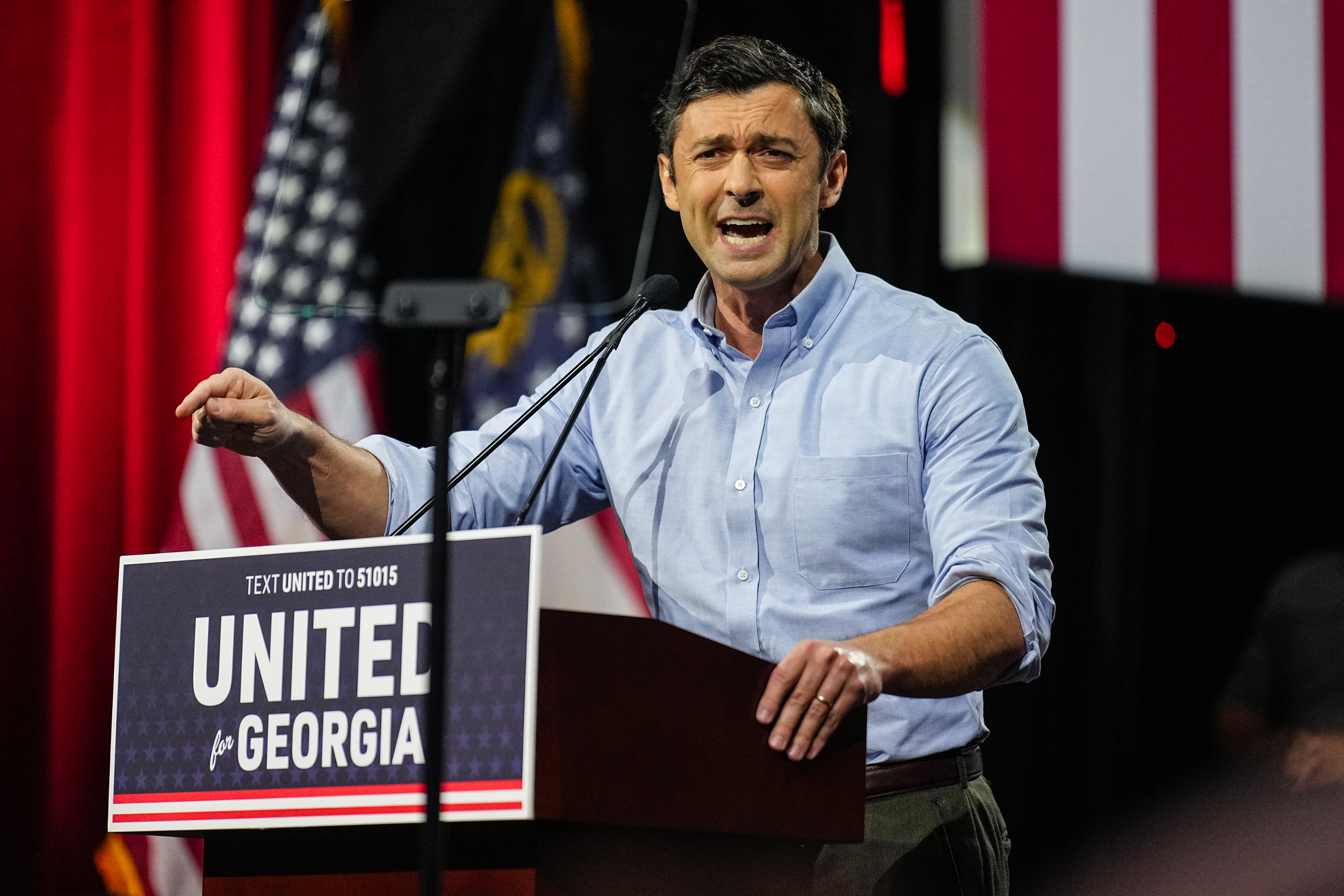 ATHENS, GEORGIA - SEPTEMBER 13: U.S. Senator Jon Ossoff speaks during a campaign event at the Georgia Theater on September 13, 2026 in Athens, Georgia. (Photo by Elijah Nouvelage/Getty Images)