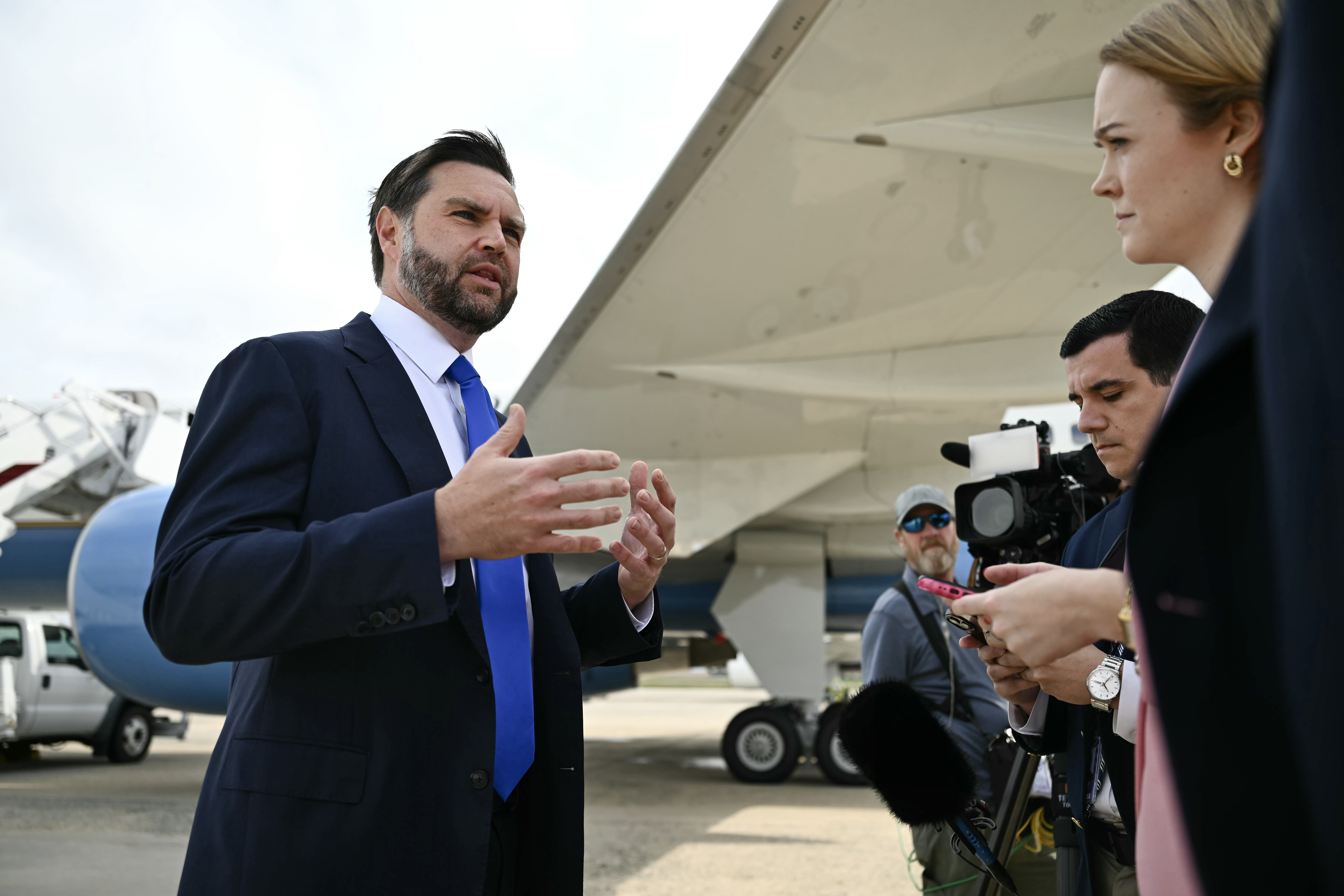 Vice President JD Vance talks to reporters before boarding Air Force Two on September 21, 2026 at Joint Base Andrews, Maryland (Photo by Kent Nishimura-Pool/Getty Images)