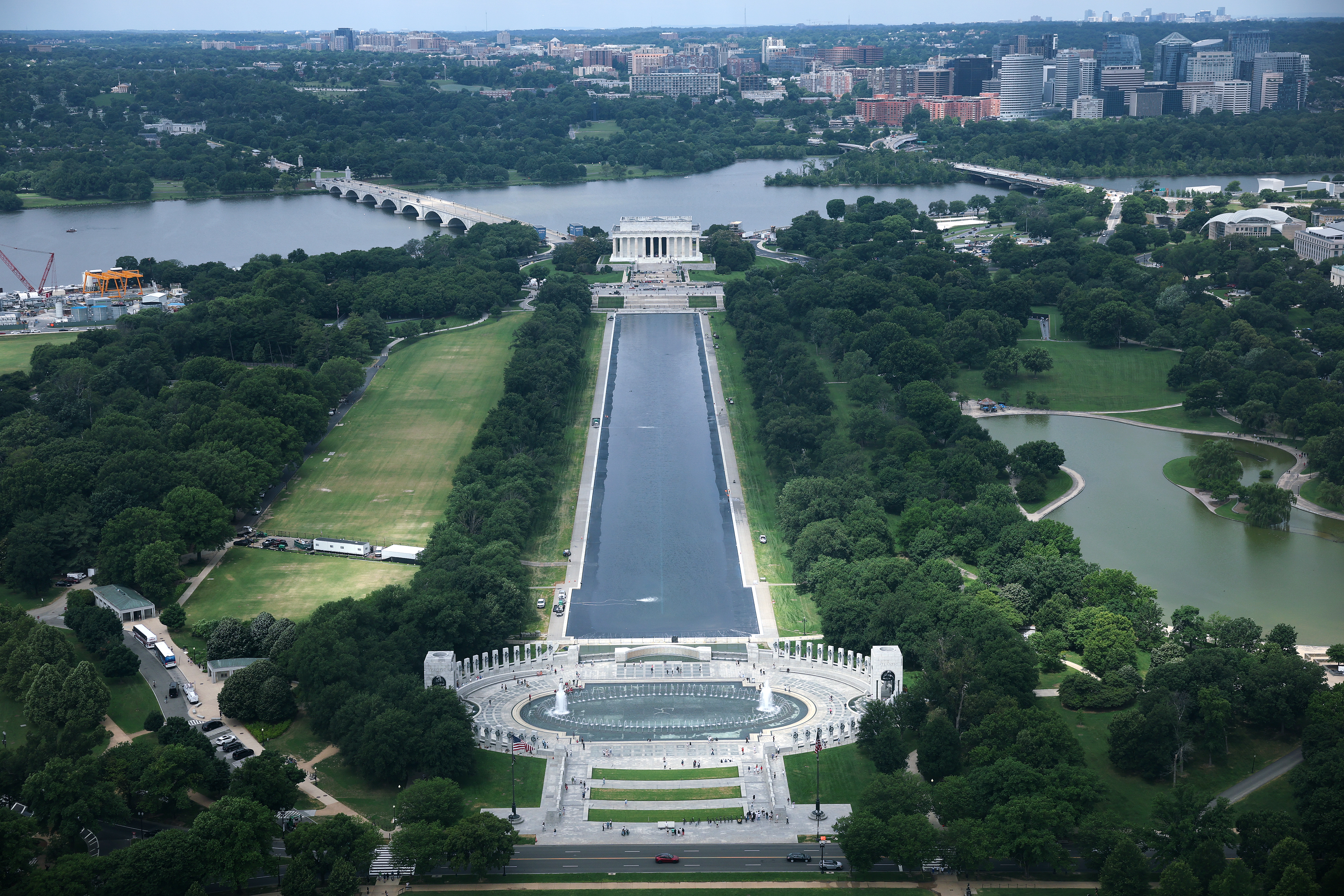 WASHINGTON, DC - JUNE 08: The Lincoln Memorial Reflecting Pool is partially filled with water on June 8, 2026 in Washington, DC. Painting the landmark pool is part of President Donald Trump's effort to repair Washington landmarks in for preparation the country’s 250th birthday this summer. (Photo by Win McNamee/Getty Images)