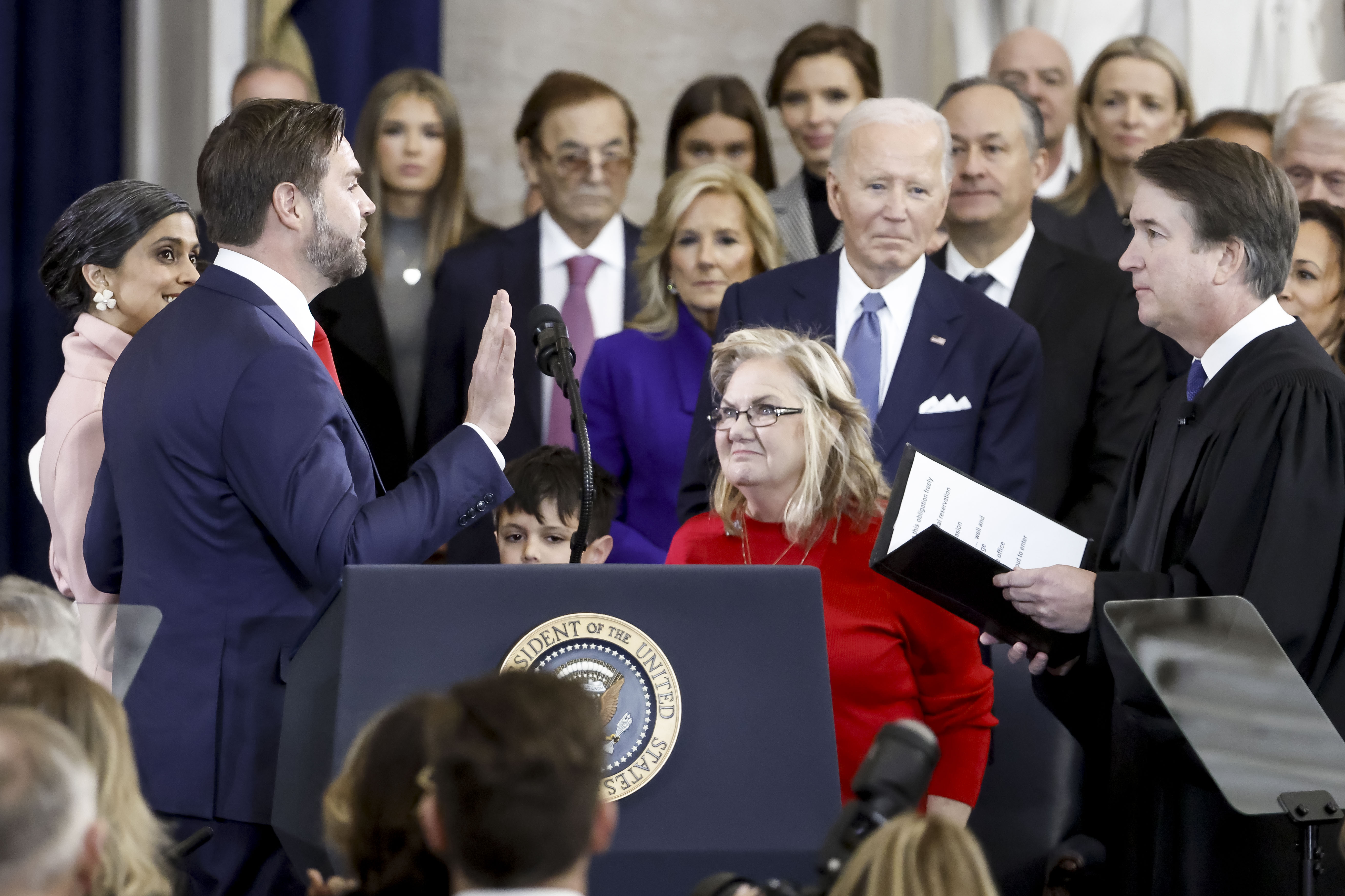 WASHINGTON, DC - JANUARY 20: Supreme Court Justice&nbsp;Brett Kavanaugh (R) administers the vice presidential oath of office to JD Vance (2-L) as Vance's mother, Beverly Aikins (3-R) and US President Joe Biden (2-R) look on during an inauguration ceremony in the rotunda of the United States Capitol on January 20, 2025 in Washington, DC. Donald Trump takes office for his second term as the 47th President of the United States. (Photo by Shawn Thew-Pool/Getty Images)