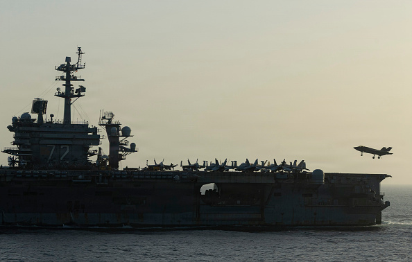 ARABIAN SEA - APRIL 16: (EDITOR'S NOTE: This Handout image was provided by a third-party organization and may not adhere to Getty Images' editorial policy.) USS Abraham Lincoln (CVN 72) conducts U.S. blockade operations related to the Strait of Hormuz on April 16, 2026 in the Arabian Sea. The ship's embarked carrier air wing includes eight F-35C stealth fighters, F/A-18 fighter jets, EA-18G electronic attack aircraft, E-2D command and control planes, MH-60 helicopters and CMV-22B Ospreys for logistics support. (Handout Photo by the U.S. Navy via Getty Images)
