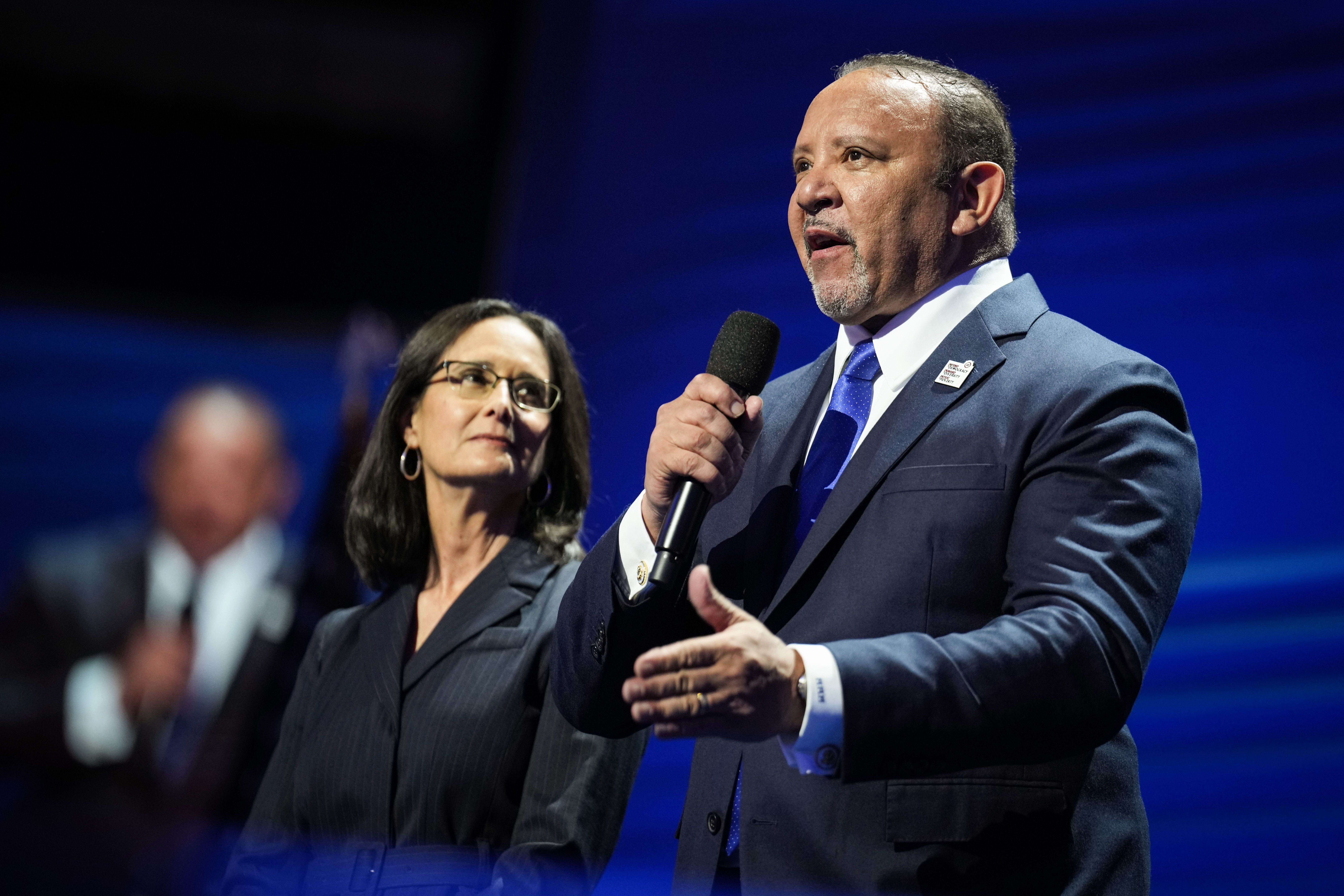 CHICAGO, ILLINOIS - AUGUST 22: Former Illinois Attorney General Lisa Madigan (L) and President of the National Urban League Marc H. Morial speak on stage during the final day of the Democratic National Convention at the United Center on August 22, 2024 in Chicago, Illinois. Delegates, politicians, and Democratic Party supporters are gathering in Chicago, as current Vice President Kamala Harris is named her party's presidential nominee. The DNC takes place from August 19-22. (Photo by Andrew Harnik/Getty Images)