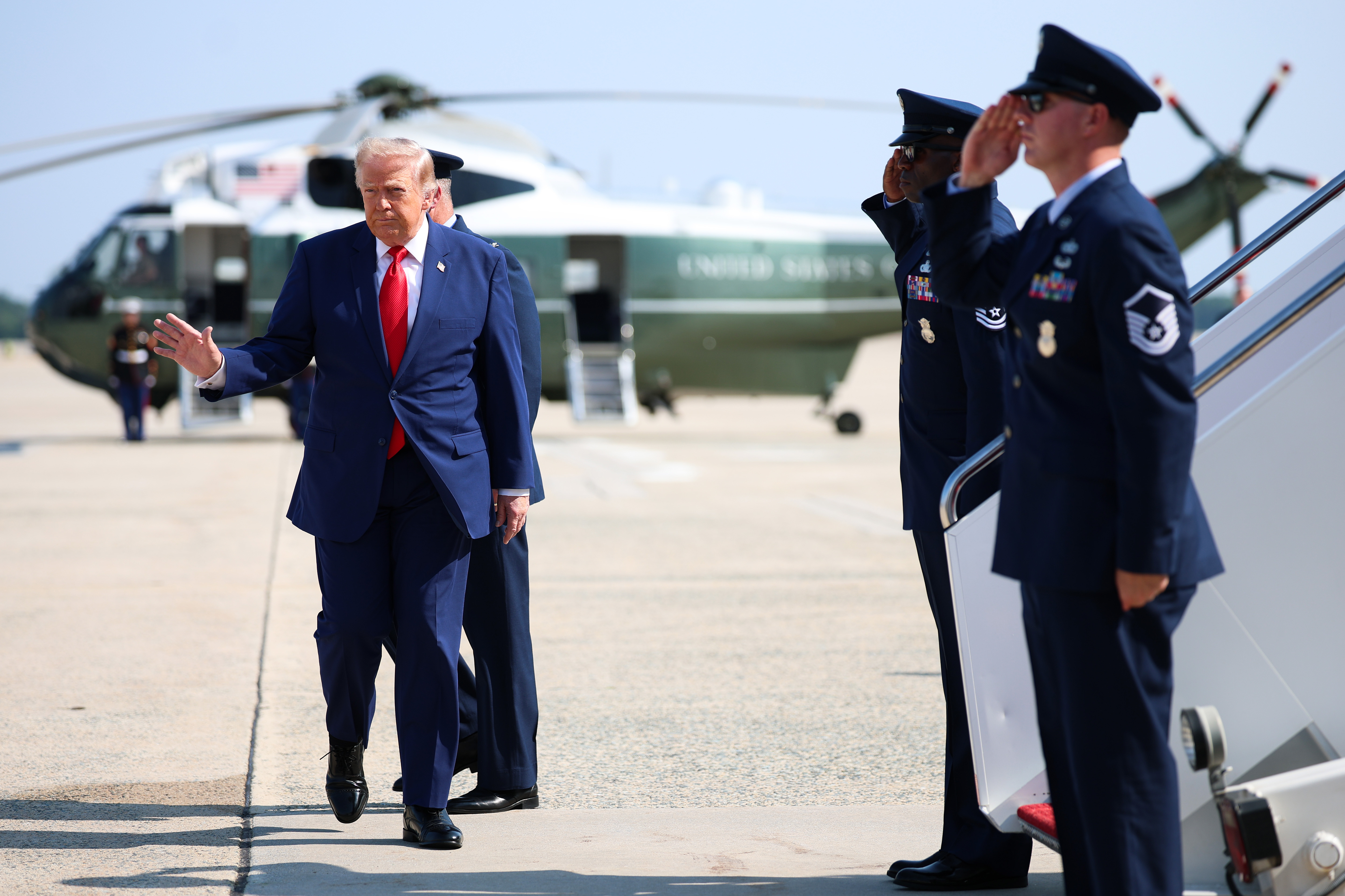President Donald Trump boards Air Force One en route to Dover Air Force Base on July 22, 2026 at Joint Base Andrews, Maryland (Getty Images)