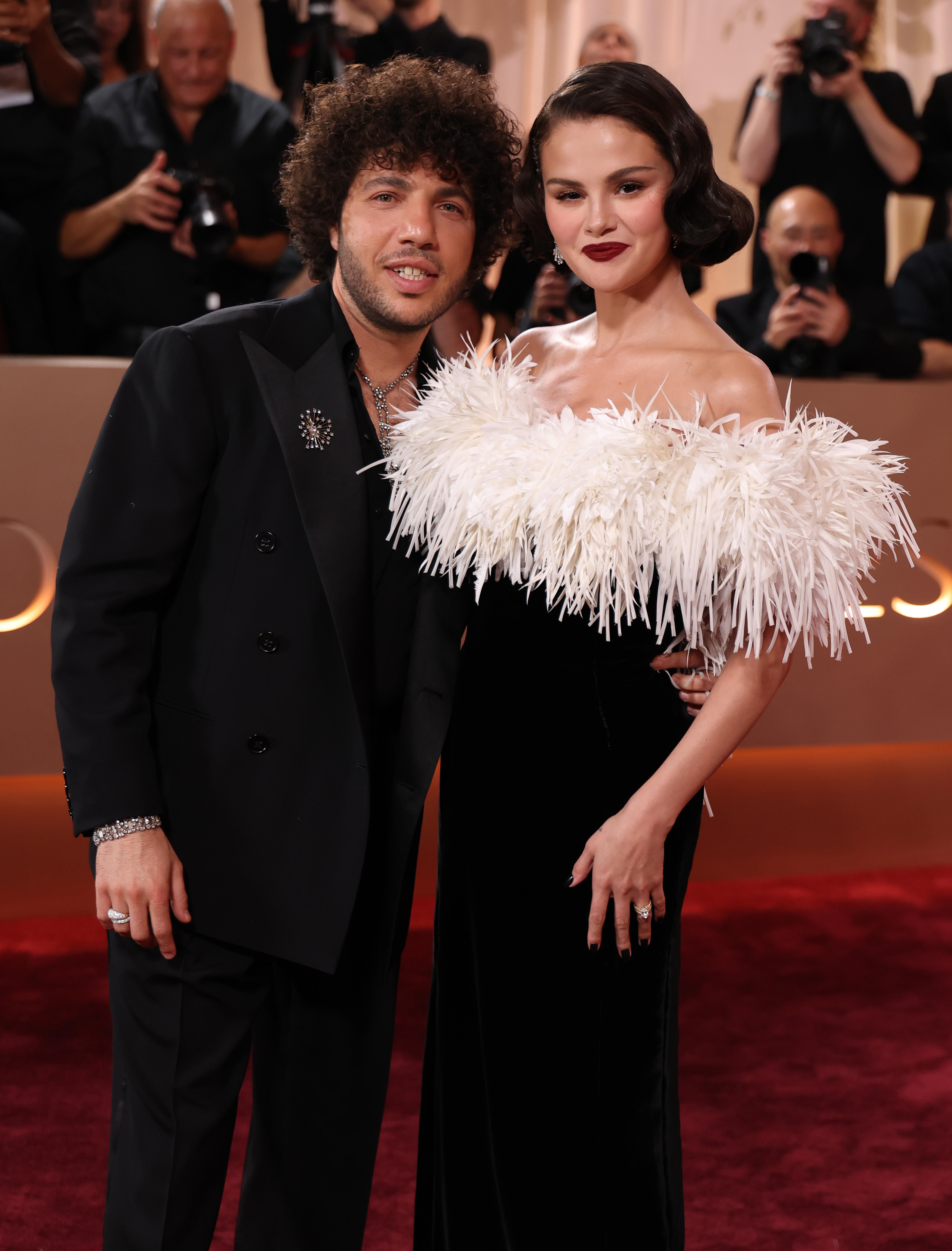 BEVERLY HILLS, CALIFORNIA - JANUARY 11: (FOR EDITORIAL USE ONLY)  Benny Blanco and Selena Gomez attend the 83rd annual Golden Globe Awards at The Beverly Hilton on January 11, 2026 in Beverly Hills, California. (Photo by Kevin Mazur/Getty Images)