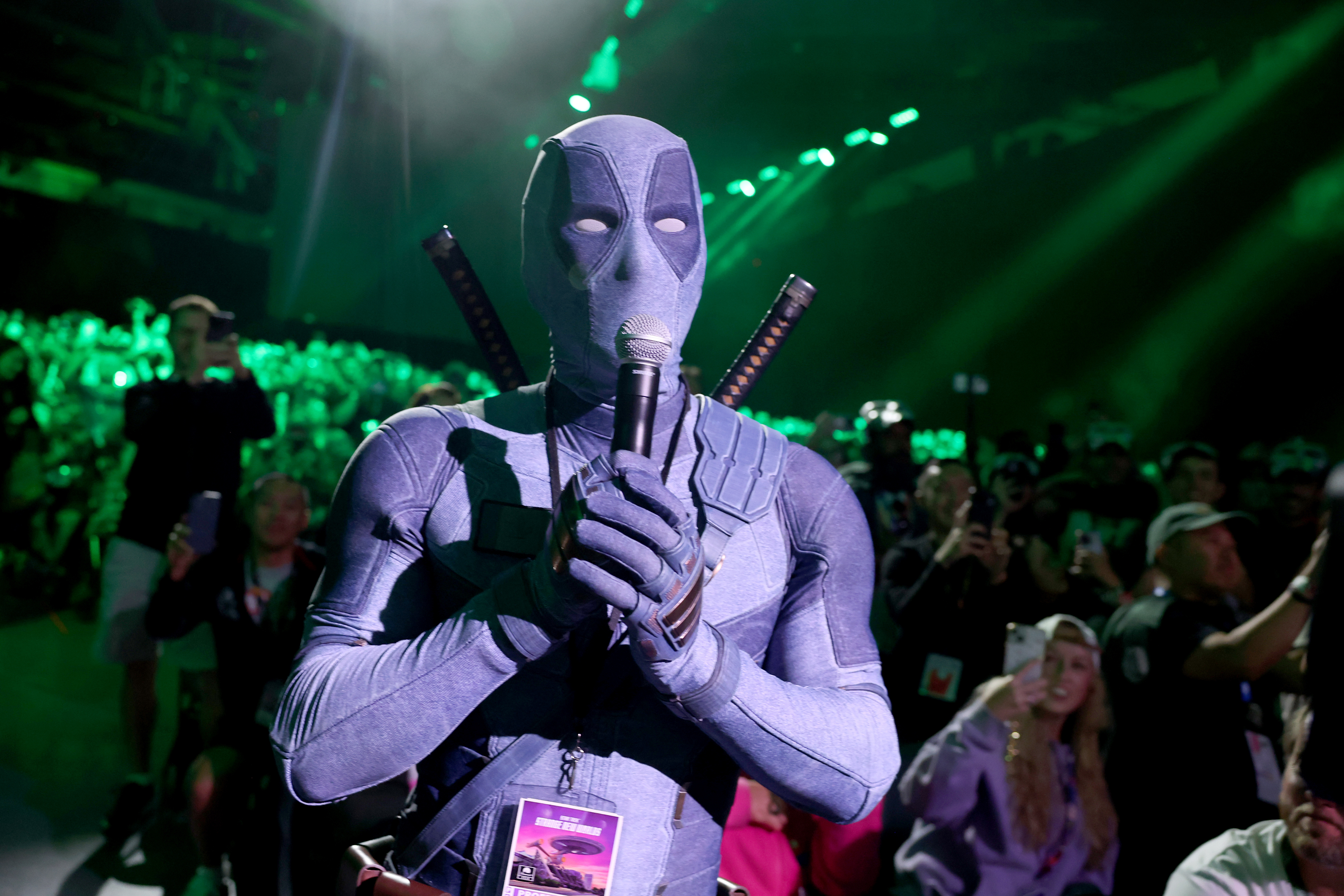 Ryan Reynolds in Deadpool cosplay speaks from the audience during the Marvel Studios Panel at 2026 San Diego Comic-Con on July 25, 2026 in San Diego, California. (Photo by Jesse Grant/Getty Images for Disney)
