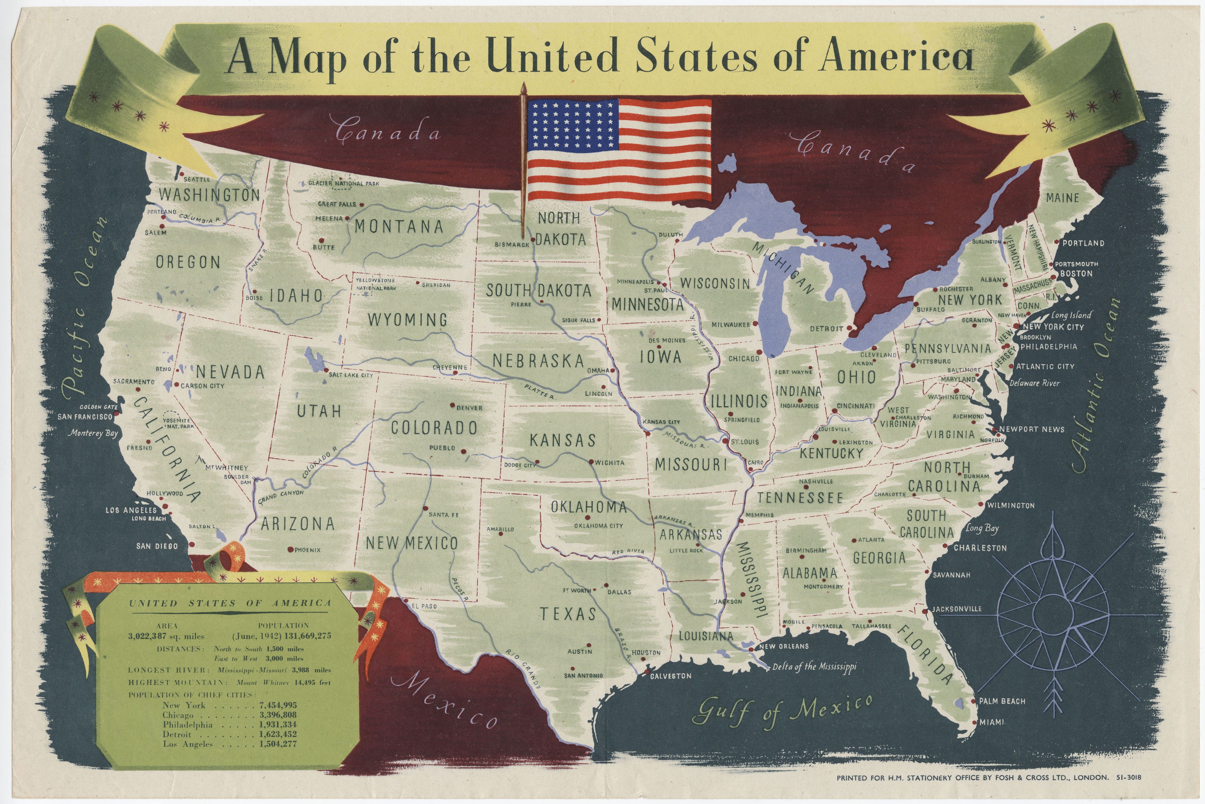 View of a British-produced, World War II-era map of the United States of America showing rivers, major cities, geographical features, and other points of interest, 1942. (Photo by HM Stationery Office/Photoquest/Getty Images)