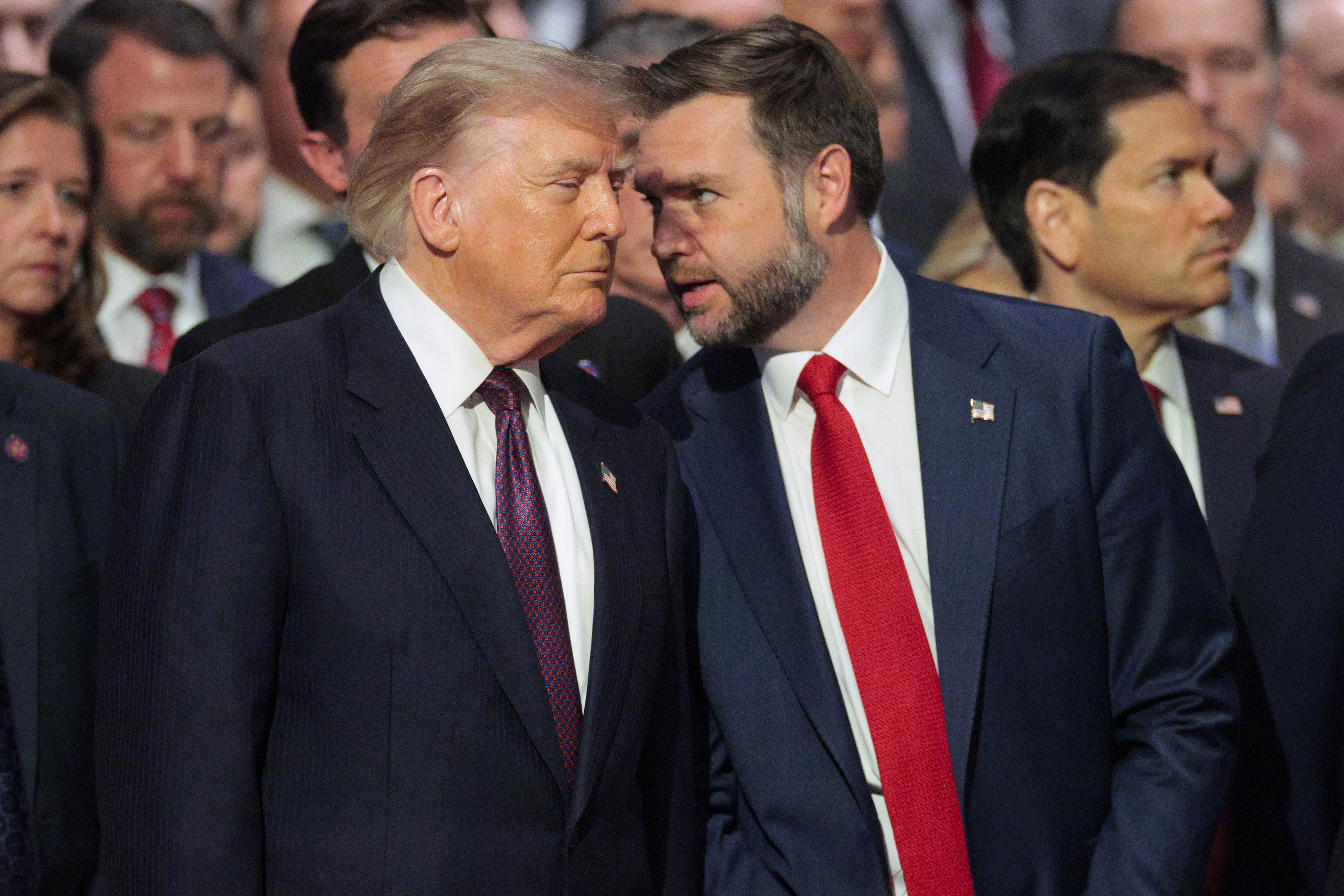 WASHINGTON, DC - JULY 28: U.S. President Donald Trump (L) and U.S. Vice President JD Vance attend the funeral service for the late U.S. Sen. Lindsey Graham (R-SC) at the Washington National Cathedral on July 28, 2026 in Washington, DC. Graham,&nbsp;who was elected to the Senate in 2002, died suddenly on July 11th from an aortic dissection. He was 71 years old. (Photo by Chip Somodevilla/Getty Images)