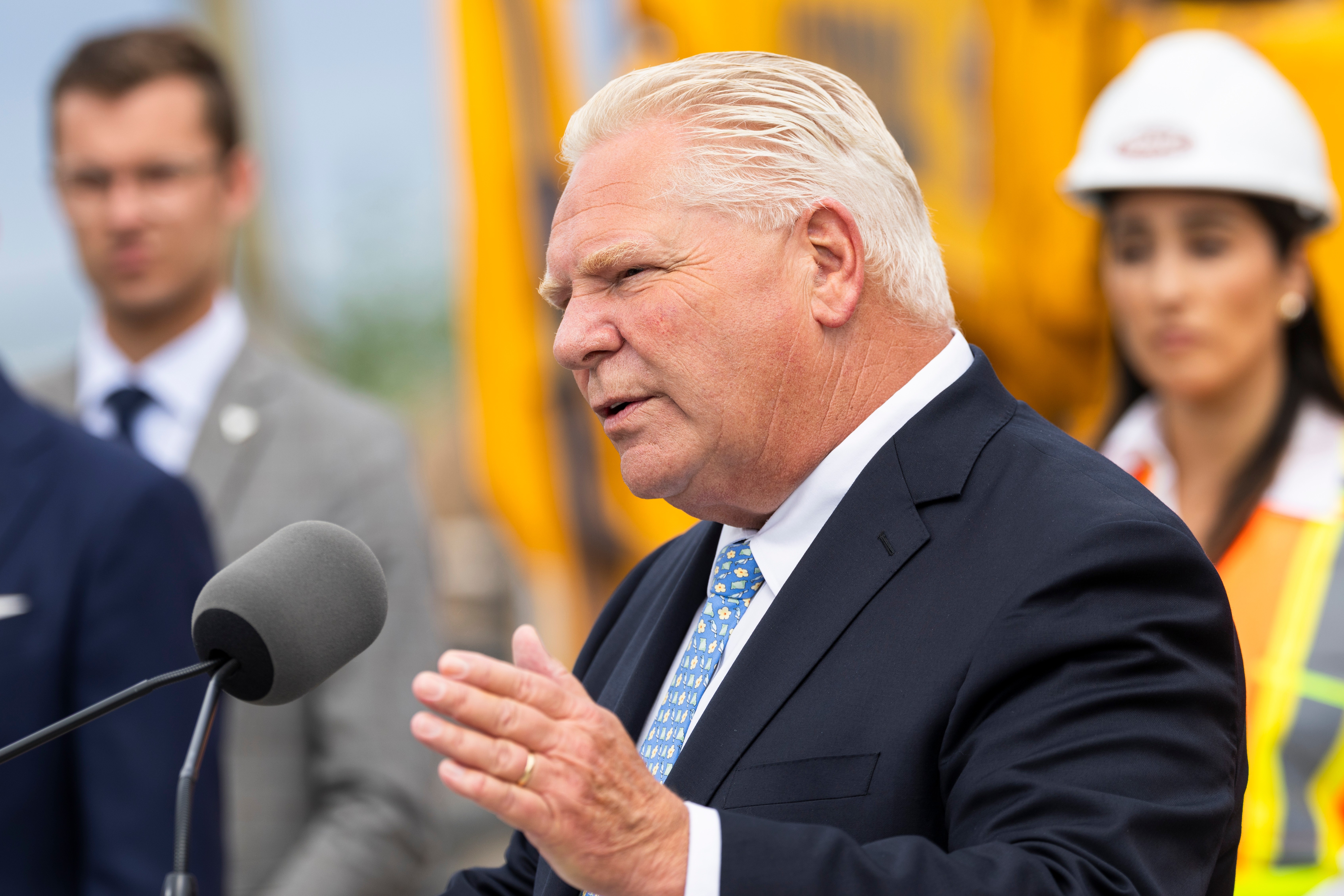 Ontario Premier Doug Ford speaks to media at a housing development in Hamilton, Ontario, Canada on Monday, Aug. 24, 2026. (Nick Iwanyshyn/The Canadian Press via AP)