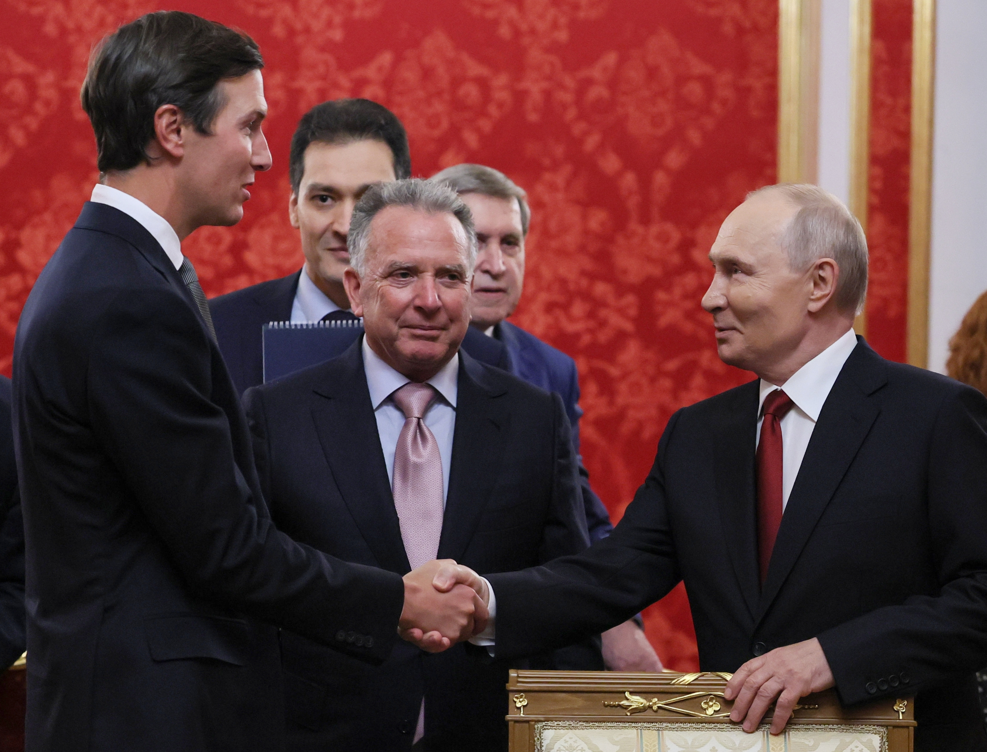 President Vladimir Putin, right, greets U.S. President Donald Trump's envoys Jared Kushner, left, and Steve Witkoff, center, prior to talks at the Senate Palace of the Kremlin in Moscow, on Saturday, Sept. 5, 2026. (Mikhail Metzel/Sputnik/Kremlin Pool Photo via AP)