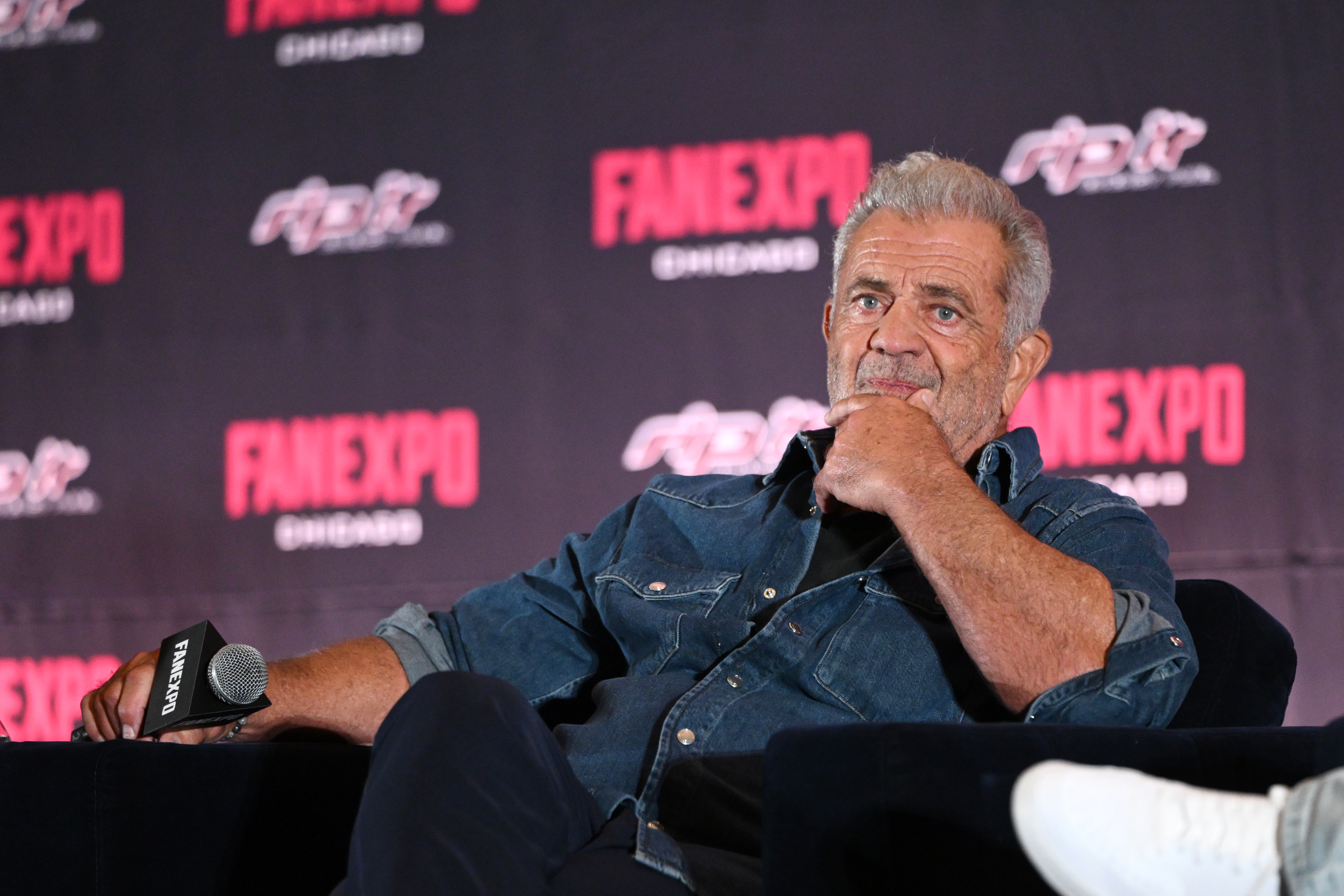 ROSEMONT, ILLINOIS - AUGUST 15: Mel Gibson speaks on stage during FanExpo Chicago 2026 on August 15, 2026 in Rosemont, Illinois. (Photo by Daniel Boczarski/Getty Images)