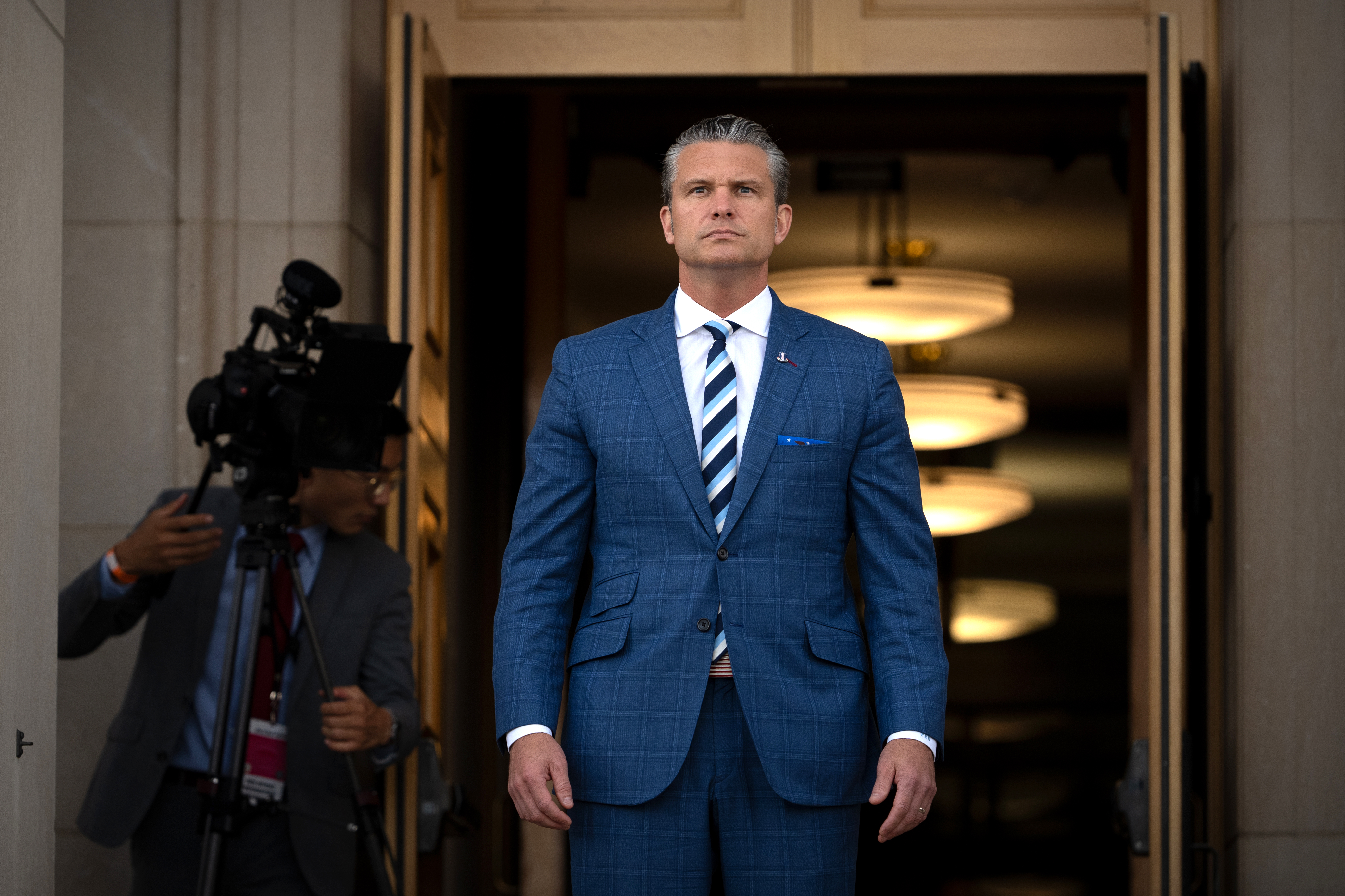 Defense Secretary Pete Hegseth arrives to greet Australia's Deputy Prime Minister and Minister of Defence Richard Marles on his arrival at the Pentagon, Wednesday, Sept. 2, 2026, in Washington. (AP Photo/Mark Schiefelbein)