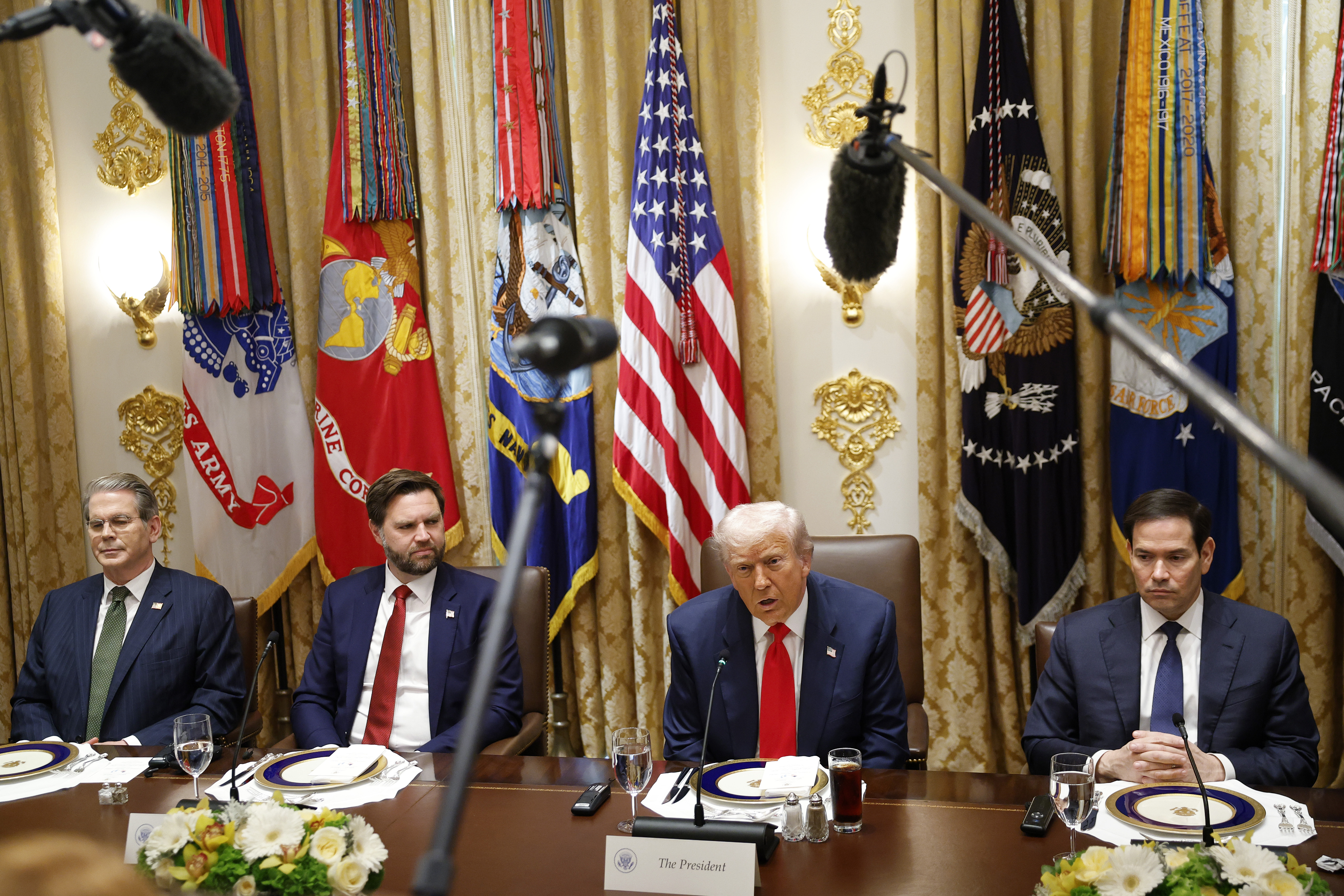 WASHINGTON, DC - OCTOBER 14: U.S. President Donald Trump (2nd-R) speaks alongside (L-R) U.S. Treasury Secretary Scott Bessent, U.S. Vice President JD Vance and U.S. Secretary of State Marco Rubio during a meeting with President of Argentina Javier Milei in the Cabinet Room at the White House on October 14, 2025 in Washington, DC. Trump is hosting Milei for a working lunch days after the U.S. Treasury finalized a $20 billion currency swap framework with Argentina in an effort to help stabilize its economy. (Photo by Kevin Dietsch/Getty Images)