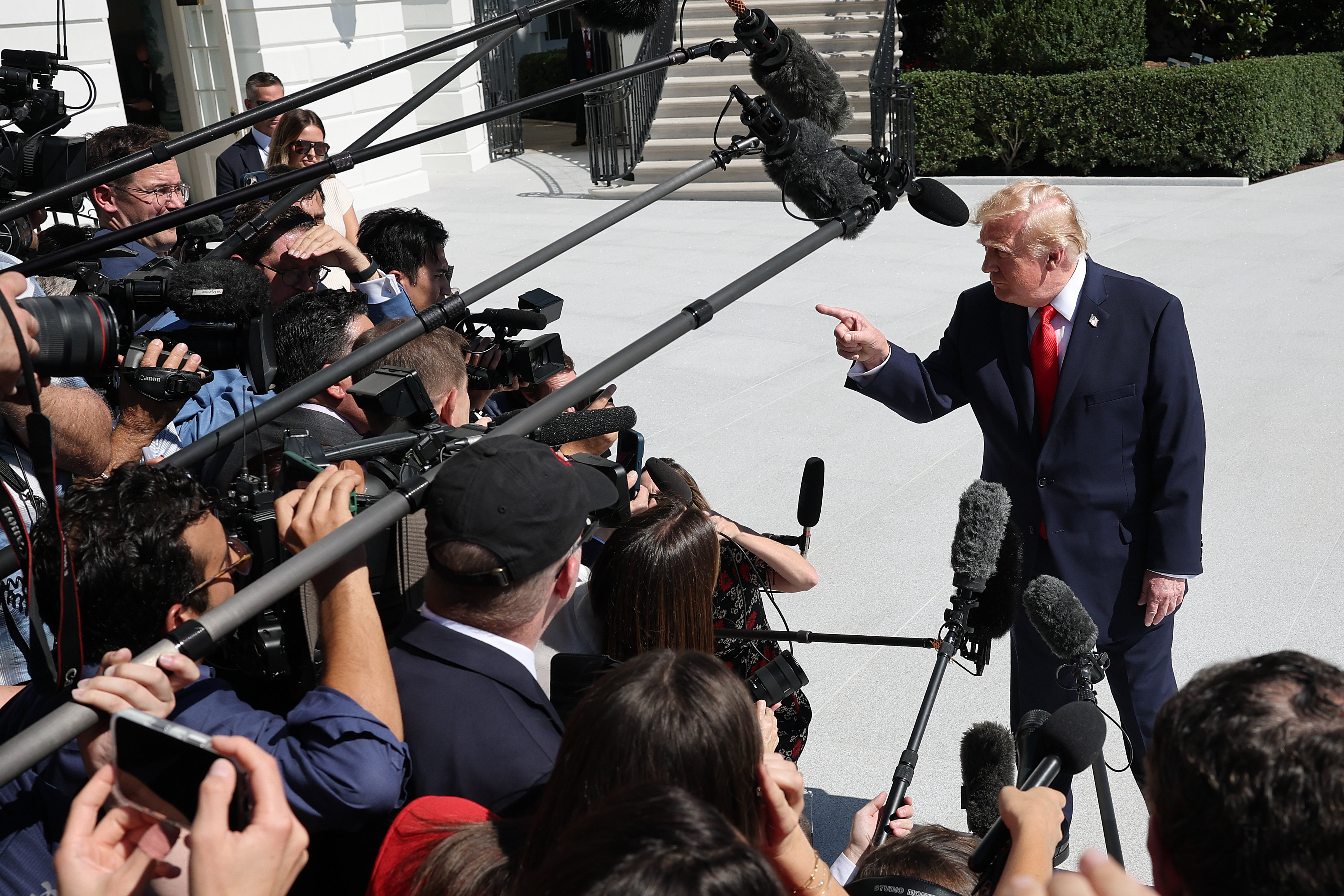 President Donald Trump speaks to the media as he departs the White House on October 01, 2026 in Washington, DC. President Trump is kicking off a 32-day campaign blitz ahead of the midterm elections  (Photo by Win McNamee/Getty Images)