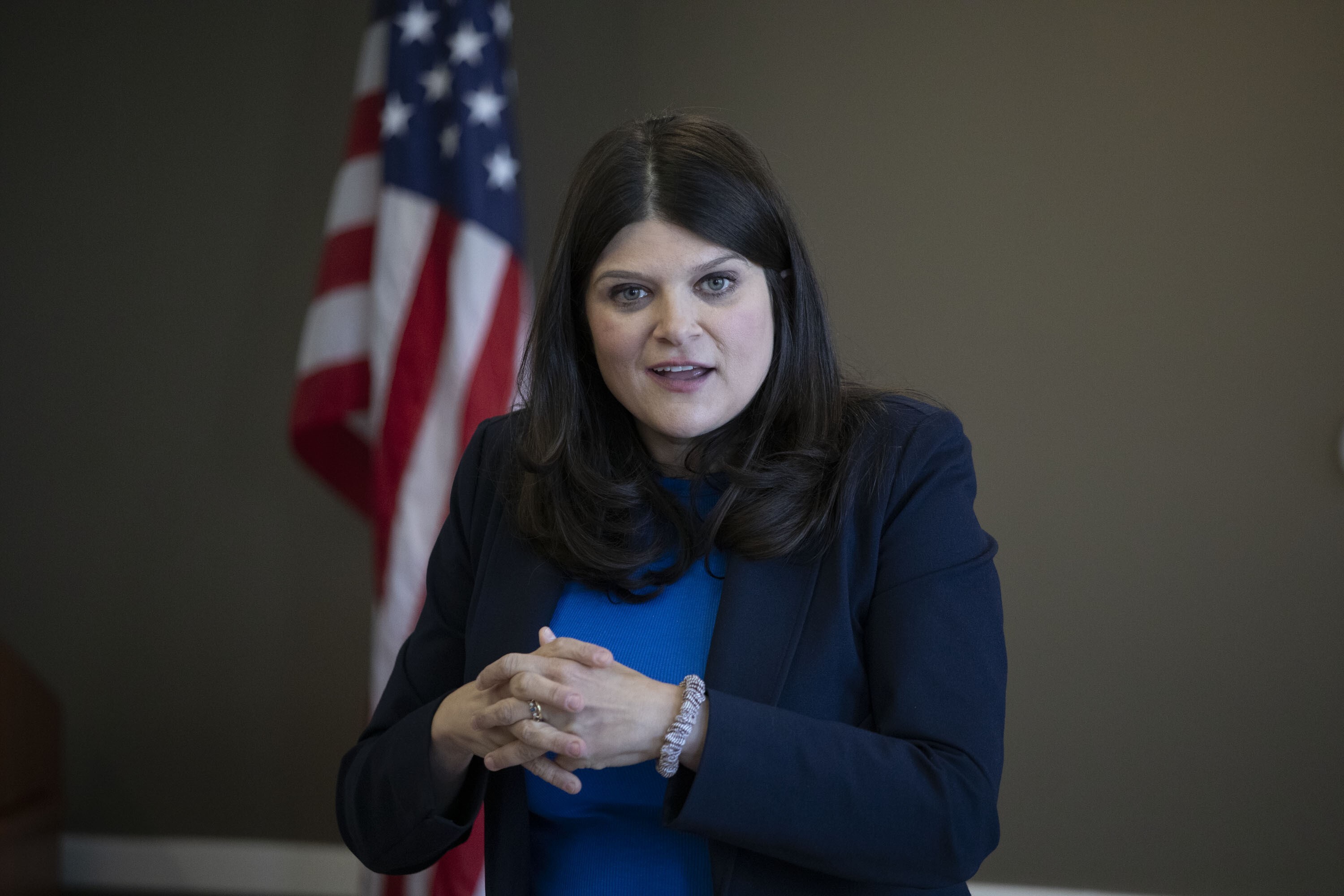 U.S. Rep. Haley Stevens (D-MI), a candidate for Michigan's open U.S. Senate seat, speaks at the Lansing Regional Chamber of Commerce