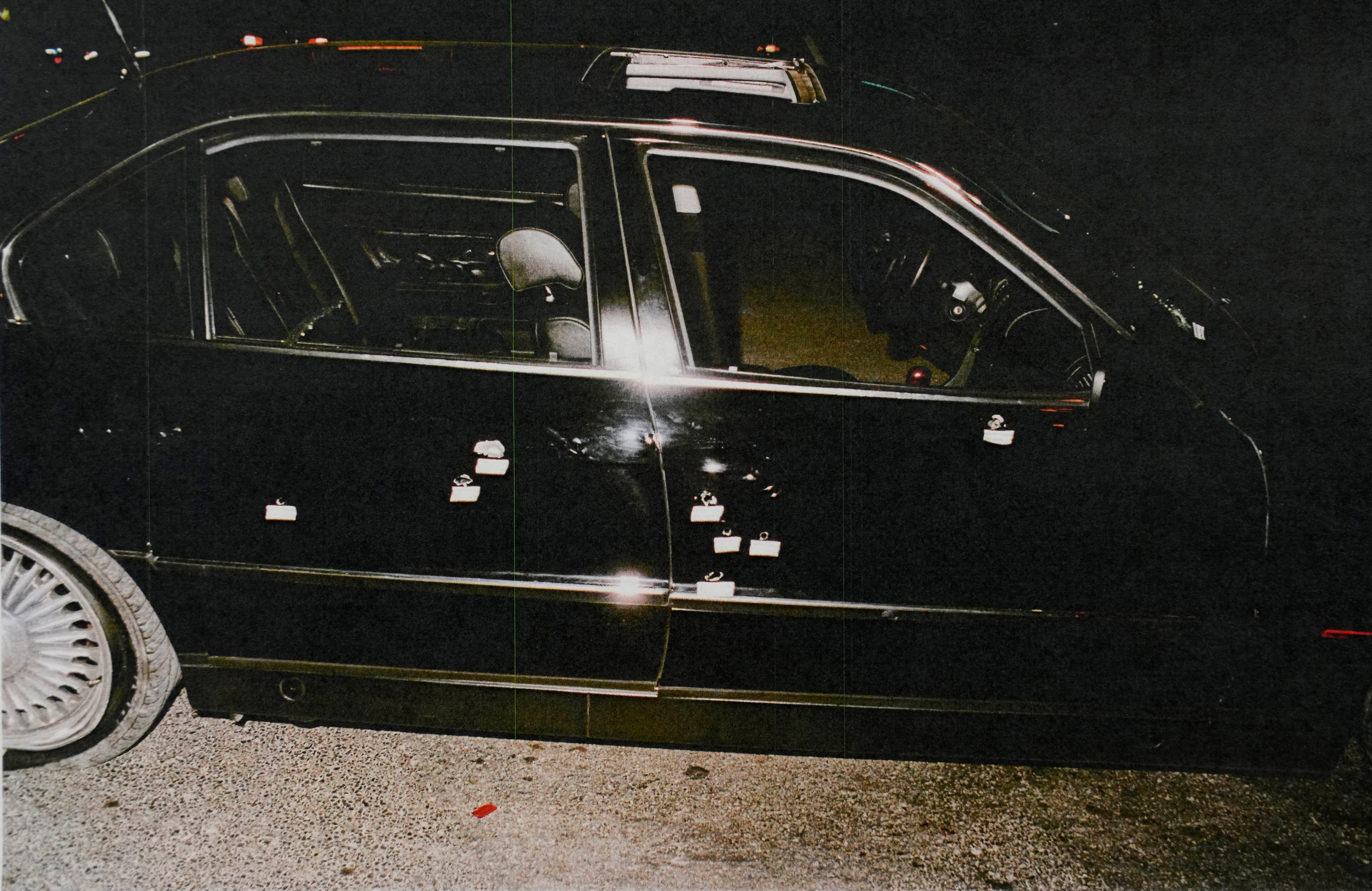 FILE - This undated photo provided by the Las Vegas Metropolitan Police Department shows the bullet-riddled car in which rapper Tupac Shakur was fatally shot in September 1996, in Las Vegas. (Las Vegas Metropolitan Police Department via AP, File)