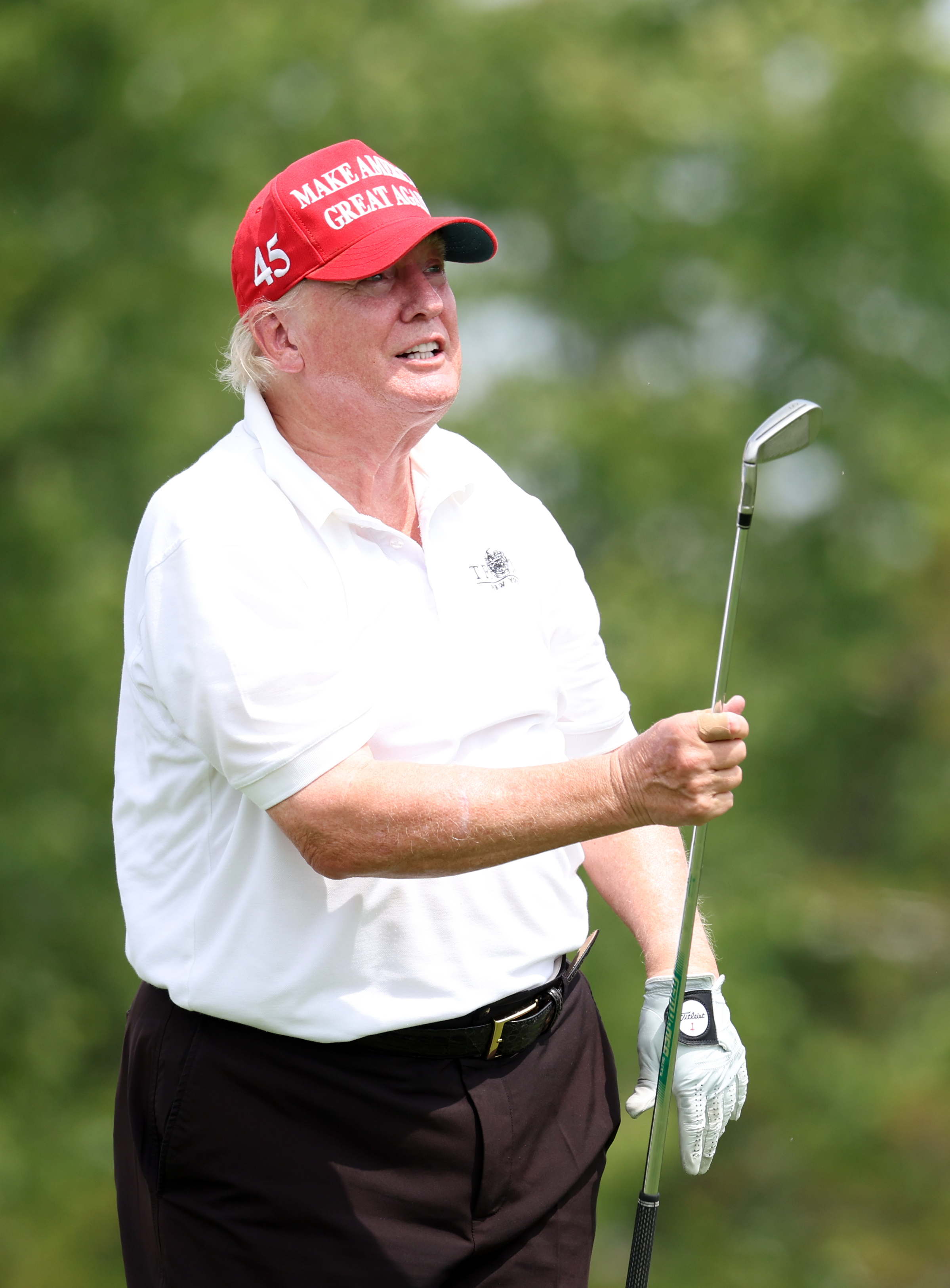BEDMINSTER, NEW JERSEY - JULY 28: Former U.S. President Donald Trump watches a shot during the pro-am prior to the LIV Golf Invitational - Bedminster at Trump National Golf Club Bedminster on July 28, 2022 in Bedminster, New Jersey. (Photo by Jonathan Ferrey/LIV Golf via Getty Images)
