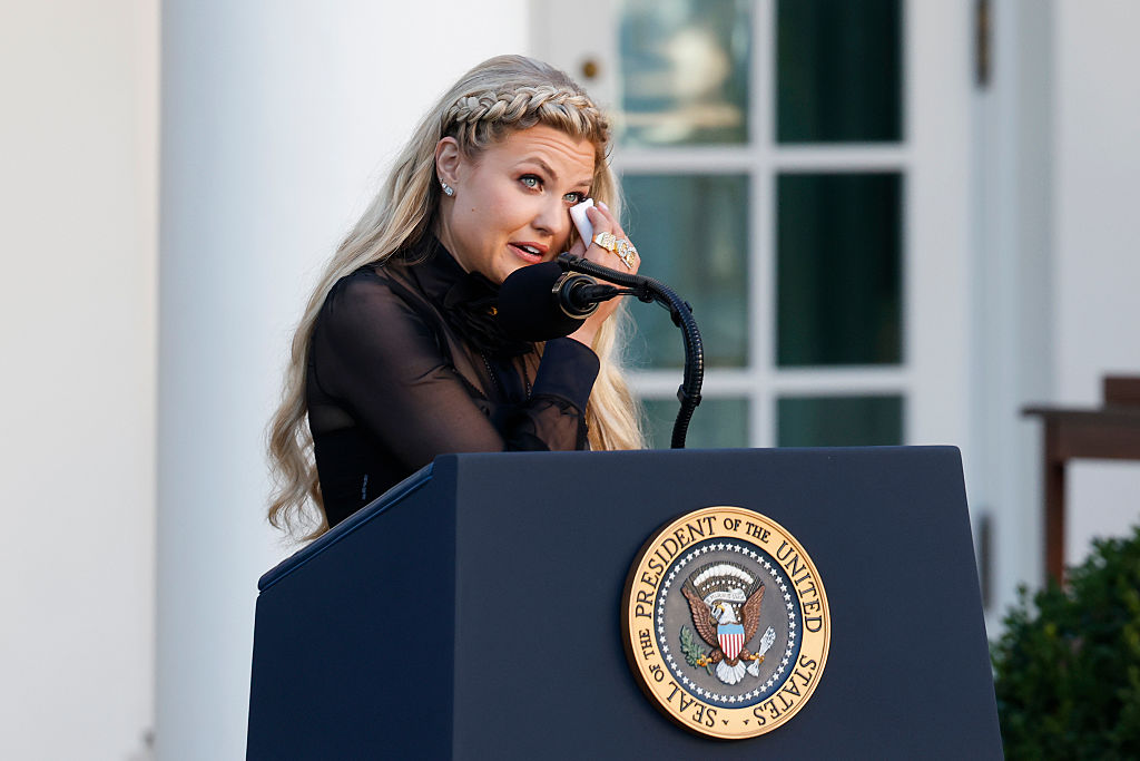 WASHINGTON, DC - OCTOBER 14: Erika Kirk, wife of late conservative activist Charlie Kirk, becomes emotional as she speaks after U.S. President Donald Trump posthumously awarded the Presidential Medal of Freedom to Charlie Kirk during a ceremony in the Rose Garden of the White House on October 14, 2025 in Washington, DC. Today marks the National Day of Remembrance for Charlie Kirk who was shot and killed on September 10th at Utah Valley University. (Photo by Kevin Dietsch/Getty Images)