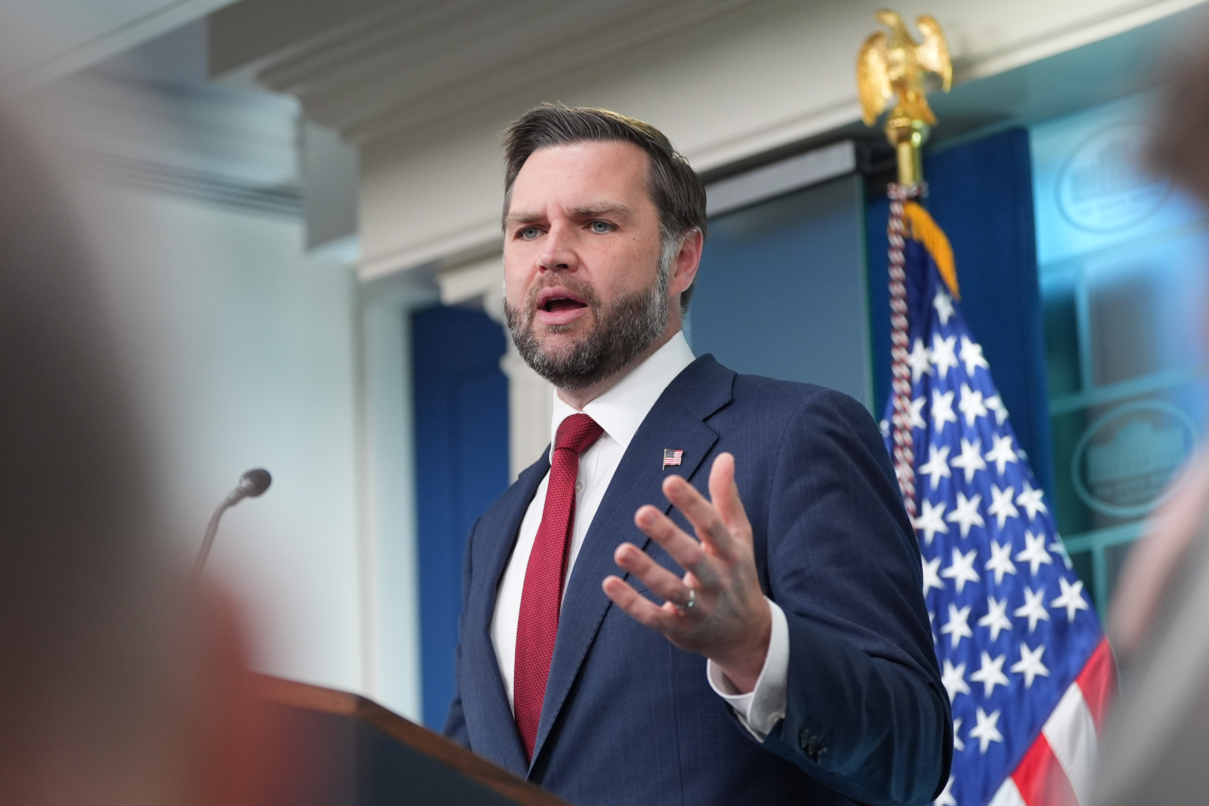Vice President JD Vance speaks with reporters in the James Brady Press Briefing Room at the White House, Thursday, July 23, 2026, in Washington. (AP Photo/Alex Brandon)