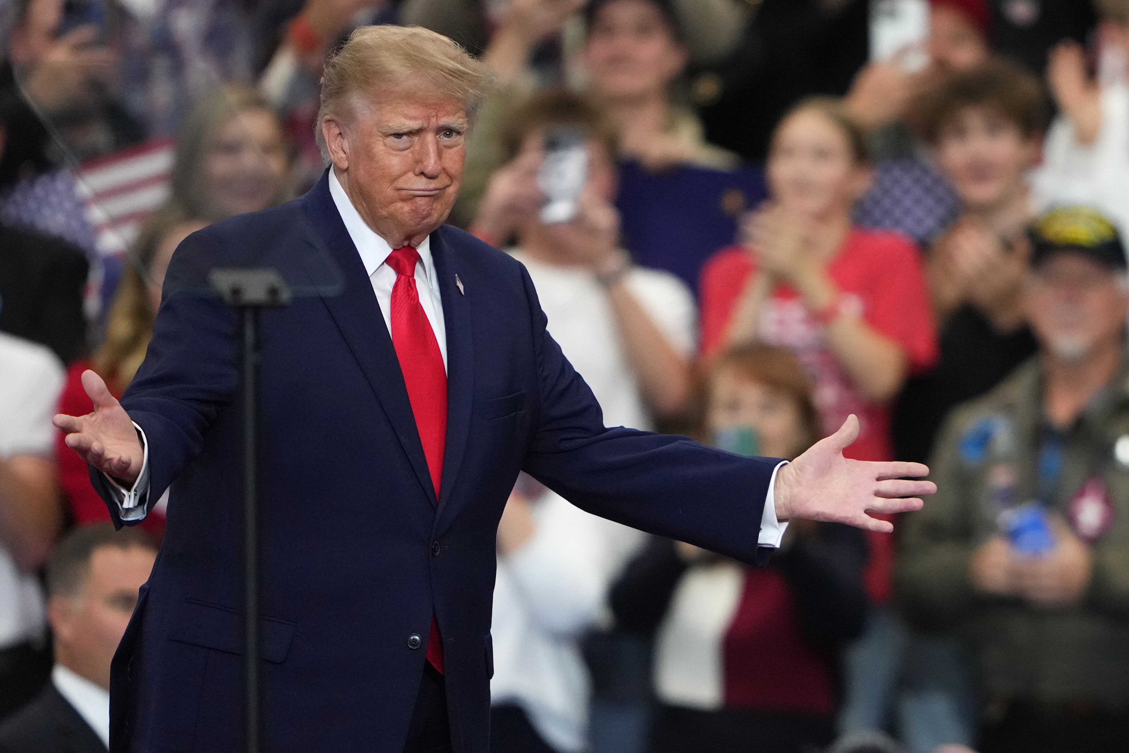 President Donald Trump arrives at a campaign rally at the Curtis D. Menard Memorial Sports Center, Tuesday, Oct. 13, 2026, in Wasilla, Alaska. (AP Photo/Lindsey Wasson)