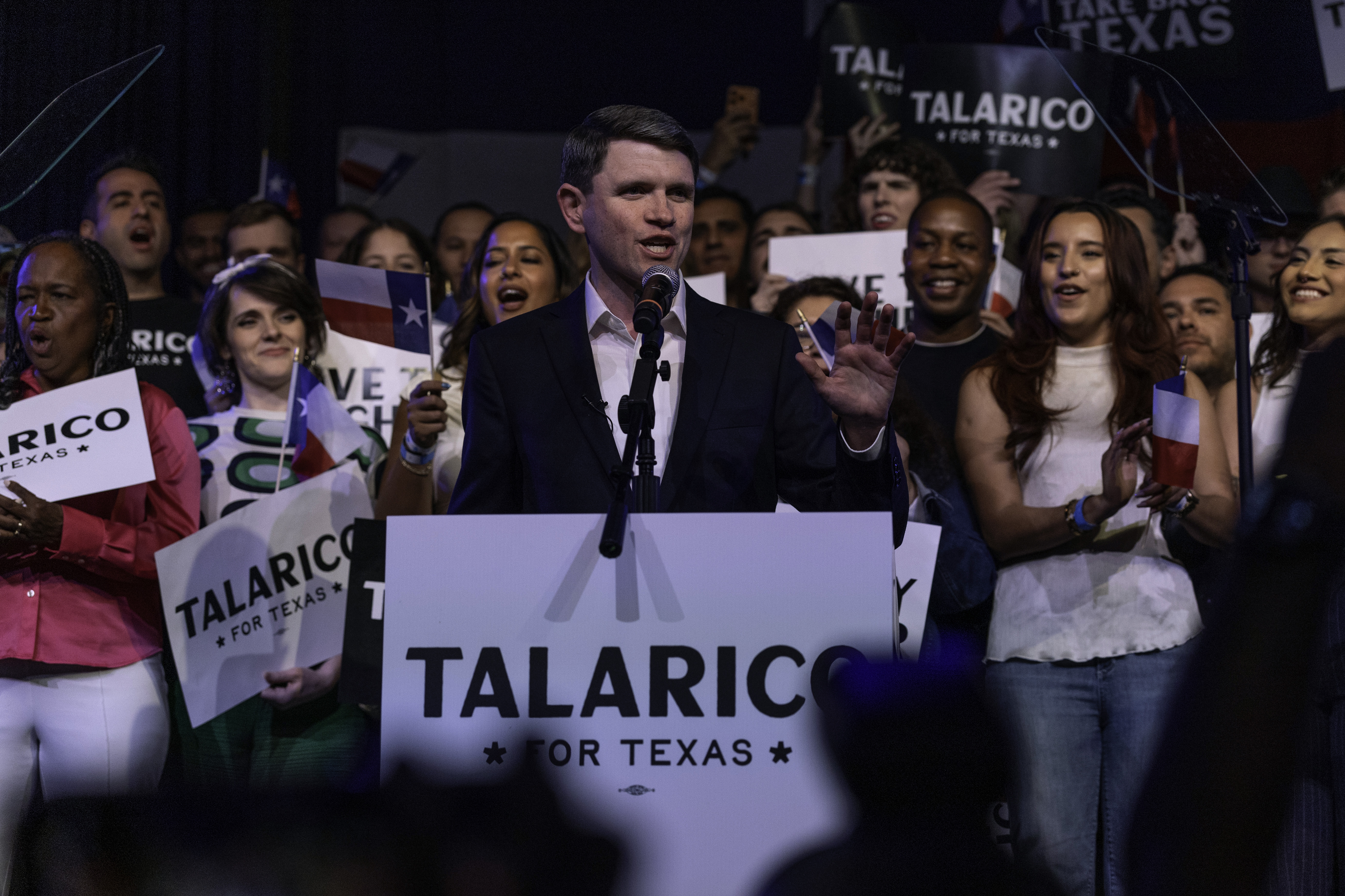 AUSTIN, TEXAS - MARCH 03: Texas Senate candidate James Talarico (D-TX) addresses supporters on election night on March 03, 2026 in Austin, Texas. Texans went to the polls to vote for Democratic and Republican primary candidates ahead of November's midterm elections. (Photo by John Moore/Getty Images)