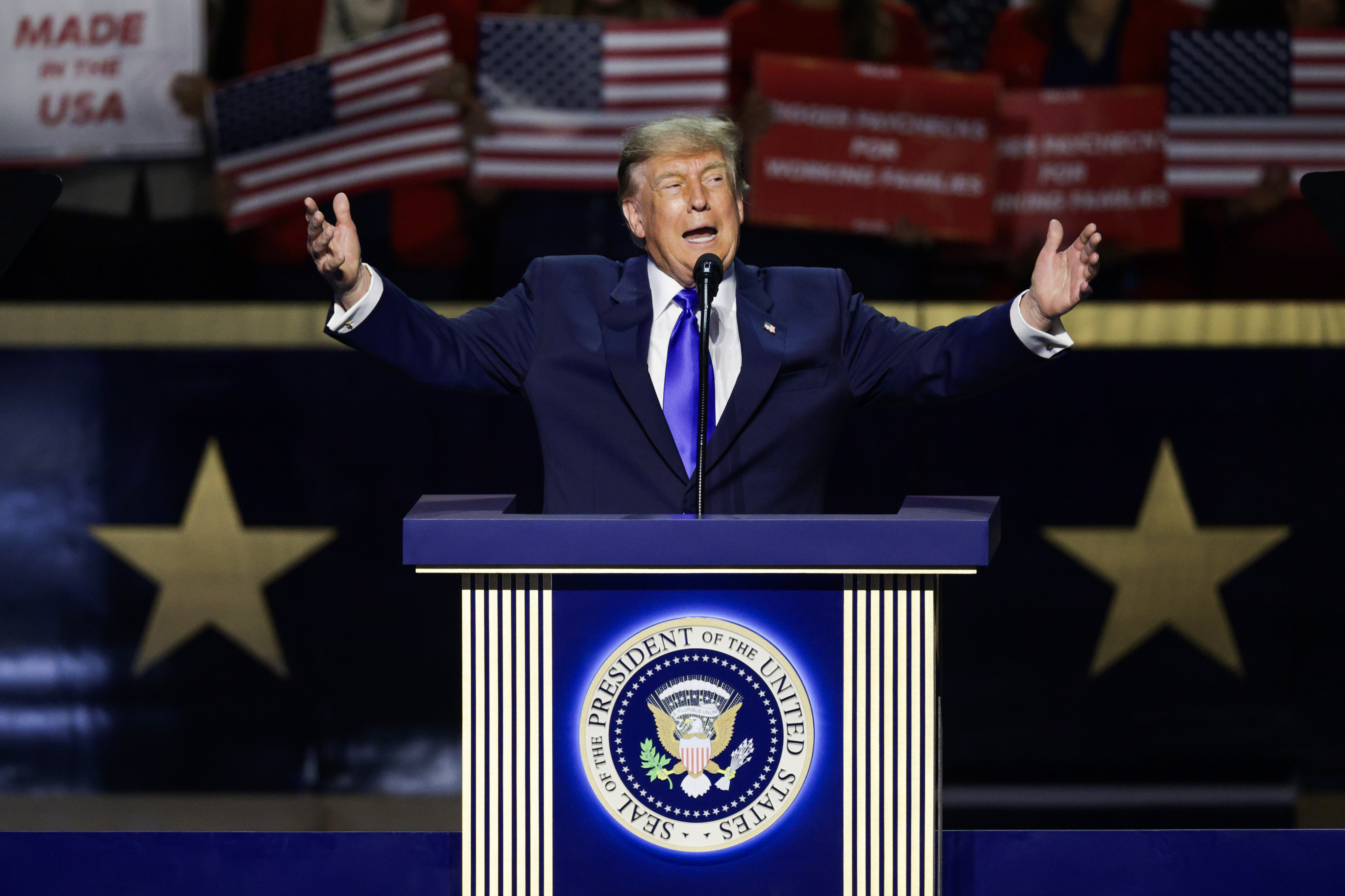 DALLAS, TEXAS - SEPTEMBER 09: U.S. President Donald Trump speaks on stage on the first day of the 2026 Republican National Convention at the American Airlines Center on September 09, 2026 in Dallas, Texas. U.S. President Donald Trump will headline the Republican National Committee's first-ever midterm convention as he aims to highlight his administration’s achievements and rally support for GOP candidates just two months before the upcoming elections being held on November 3. (Photo by Alex Wong/Getty Images)
