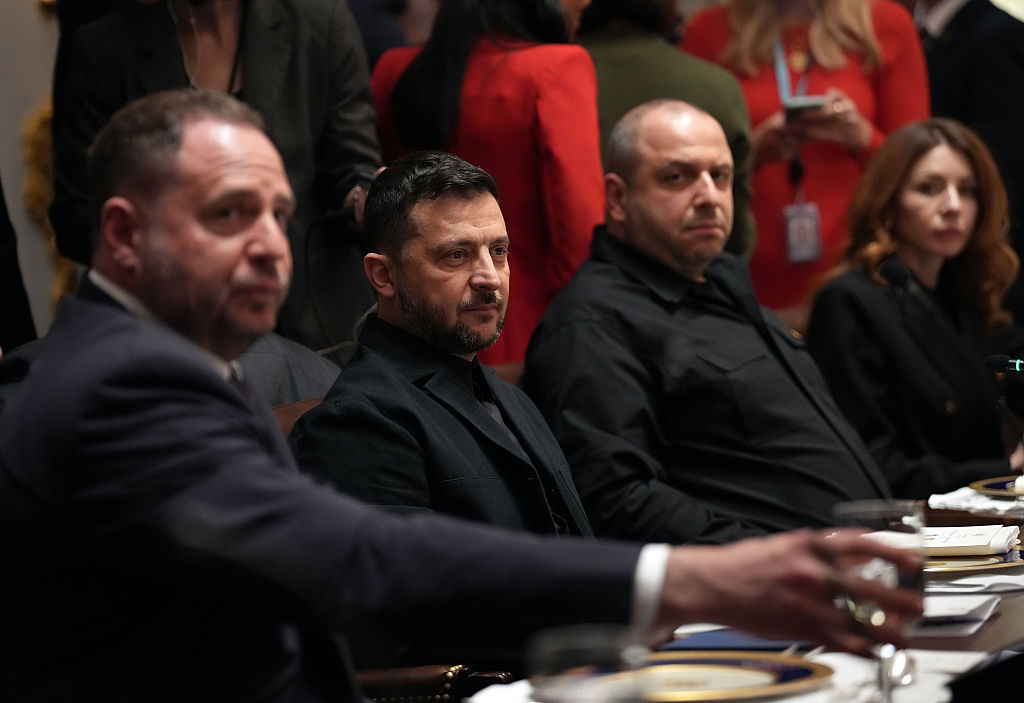 WASHINGTON, DC - OCTOBER 17: Ukrainian President Volodymyr Zelensky (2nd-L) looks on during a meeting with U.S. President Donald Trump and members of his cabinet at the White House on October 17, 2025, in Washington, DC. President Trump, fresh off a ceasefire agreement between Israel and Hamas, is hosting President Zelensky for a bilateral lunch in the Cabinet Room in hopes of advancing a peace deal between Russia and Ukraine. (Photo by Andrew Harnik/Getty Images)