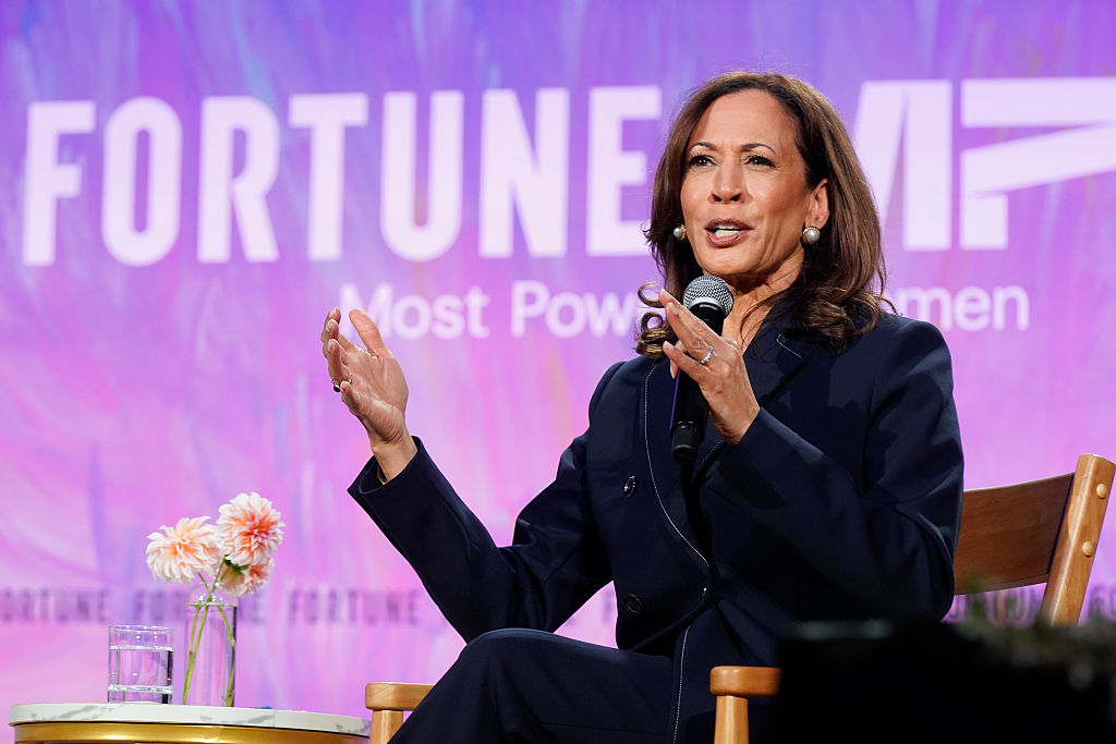 WASHINGTON, DC - OCTOBER 14: (EDITORIAL USE ONLY) Former U.S. Vice President Kamala Harris speaks onstage during the Fortune Most Powerful Women Gala 2025 at Washington National Cathedral on October 14, 2025 in Washington, DC.  (Photo by Leigh Vogel/Getty Images for Fortune Media)
