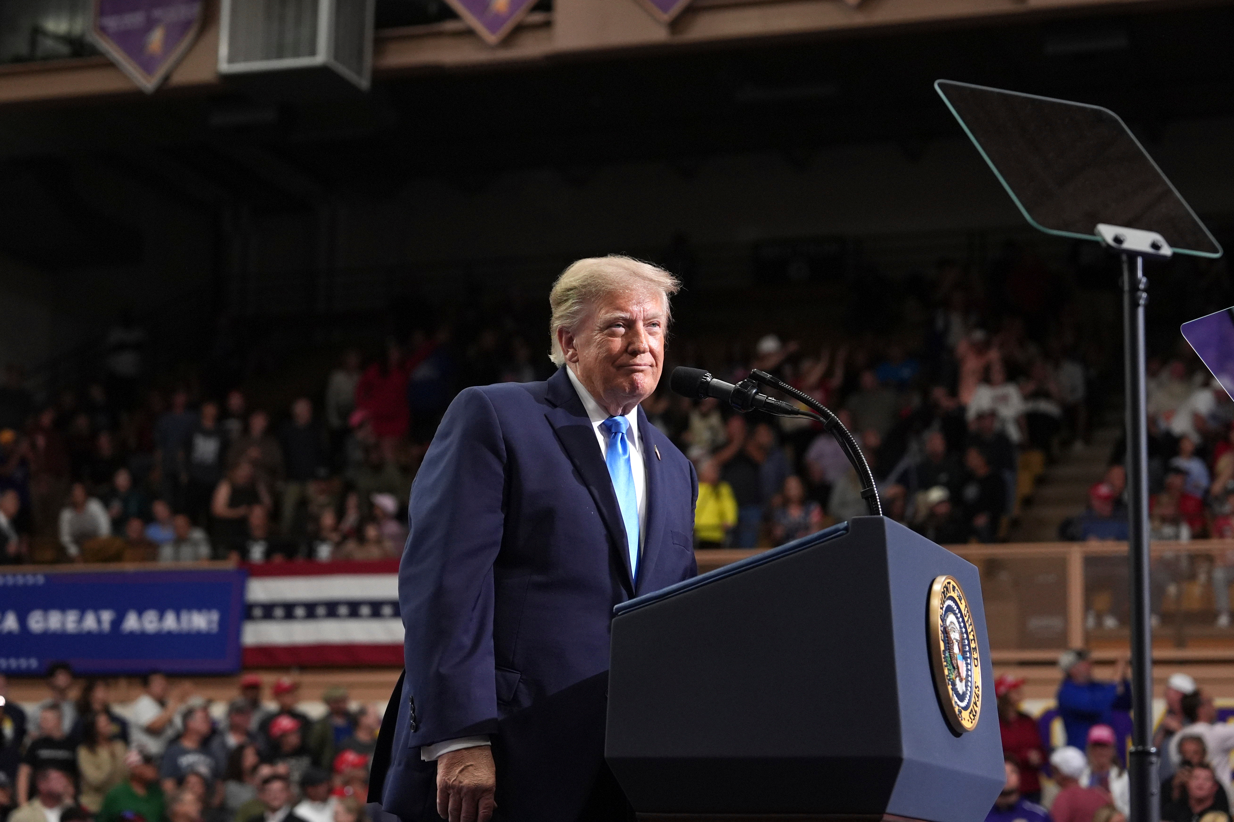 President Donald Trump speaks during an event at Butler High School in Vandalia, Ohio, Saturday, Oct. 3, 2026. (AP Photo/Mark Schiefelbein)