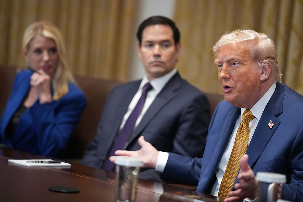 WASHINGTON, DC - JULY 08: U.S. President Donald Trump speaks to members of the press during a Cabinet Meeting at the White House on July 08, 2025 in Washington, DC. Trump discussed the recent flash flooding tragedy in Central Texas where at least 109 people have died, and other topics during the portion of the meeting that was open to members of the media. Also pictured are Attorney General Pam Bondi (L) and  Secretary of State Marco Rubio (C).  (Photo by Andrew Harnik/Getty Images)