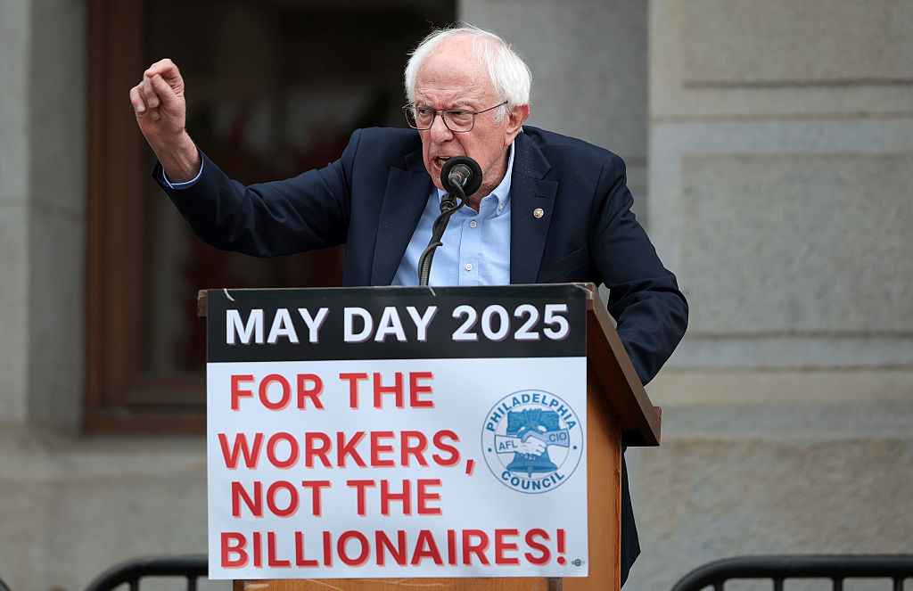 PHILADELPHIA, PENNSYLVANIA - MAY 01: U.S. Sen. Bernie Sanders (I-VT) speaks at a May Day rally at City Hall on May 01, 2025 in Philadelphia, Pennsylvania. Senator Sanders, labor leaders and community organizers held the rally to call attention to immigrant and workers rights and to fight against, what Sanders calls the “billionaire takeover” of the federal government. The rally was part of Bernie’s Fighting Oligarchy Tour which has criss-crossed seven states with 16 stops in mainly Republican controlled districts. (Photo by Kayla Bartkowski/Getty Images)