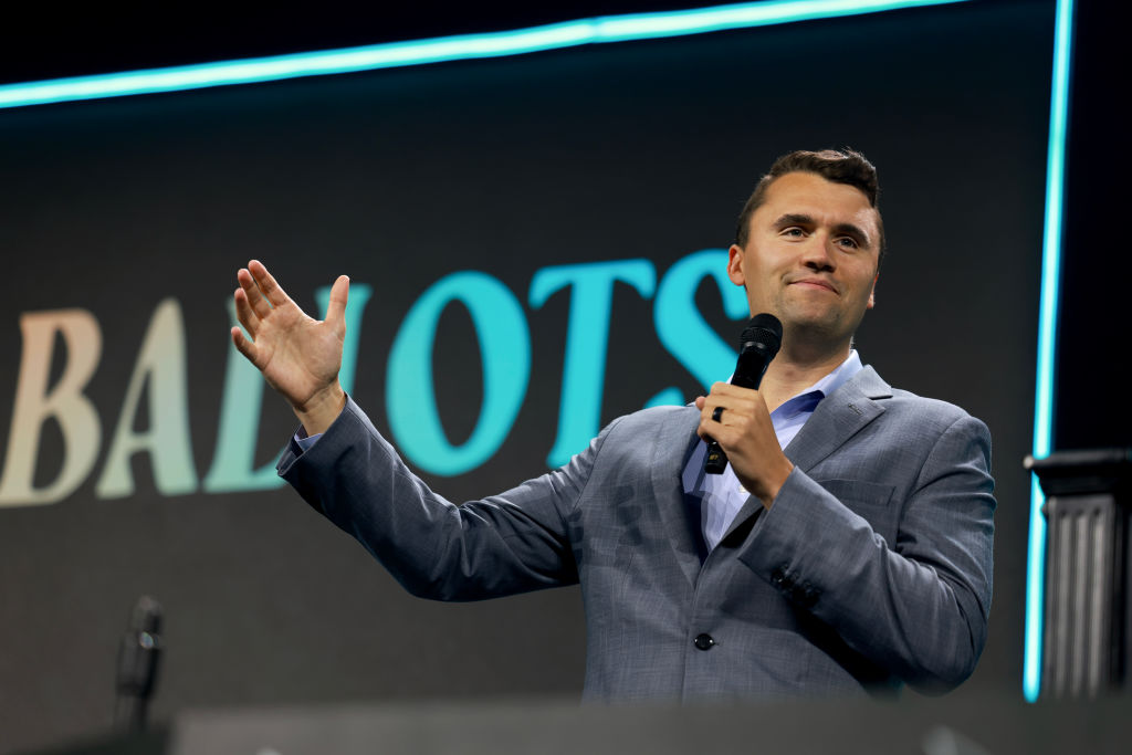 WEST PALM BEACH, FLORIDA—JULY 26: Charlie Kirk, who founded Turning Point USA, speaks before former President Donald Trump's arrival during a Turning Point USA Believers Summit conference at the Palm Beach Convention Center on July 26, 2024 in West Palm Beach, Florida. Trump had earlier in the day met with Israeli Prime Minister Benjamin Netanyahu at Mar-a-Lago.  (Photo by Joe Raedle/Getty Images)
